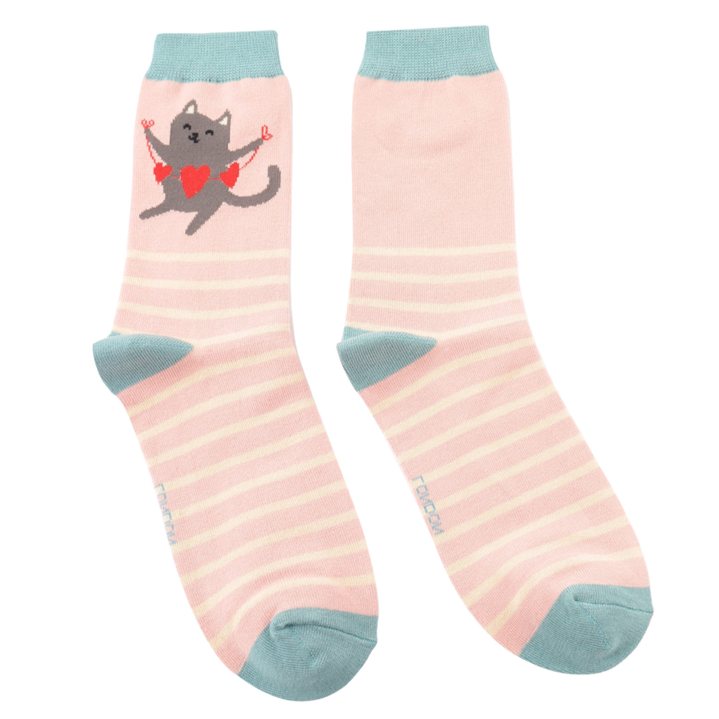 Lovely Cats Bamboo Socks - Miss Sparrow. A pair of socks featuring a happy cat. Pink striped legs. Blue heel toe and cuff.