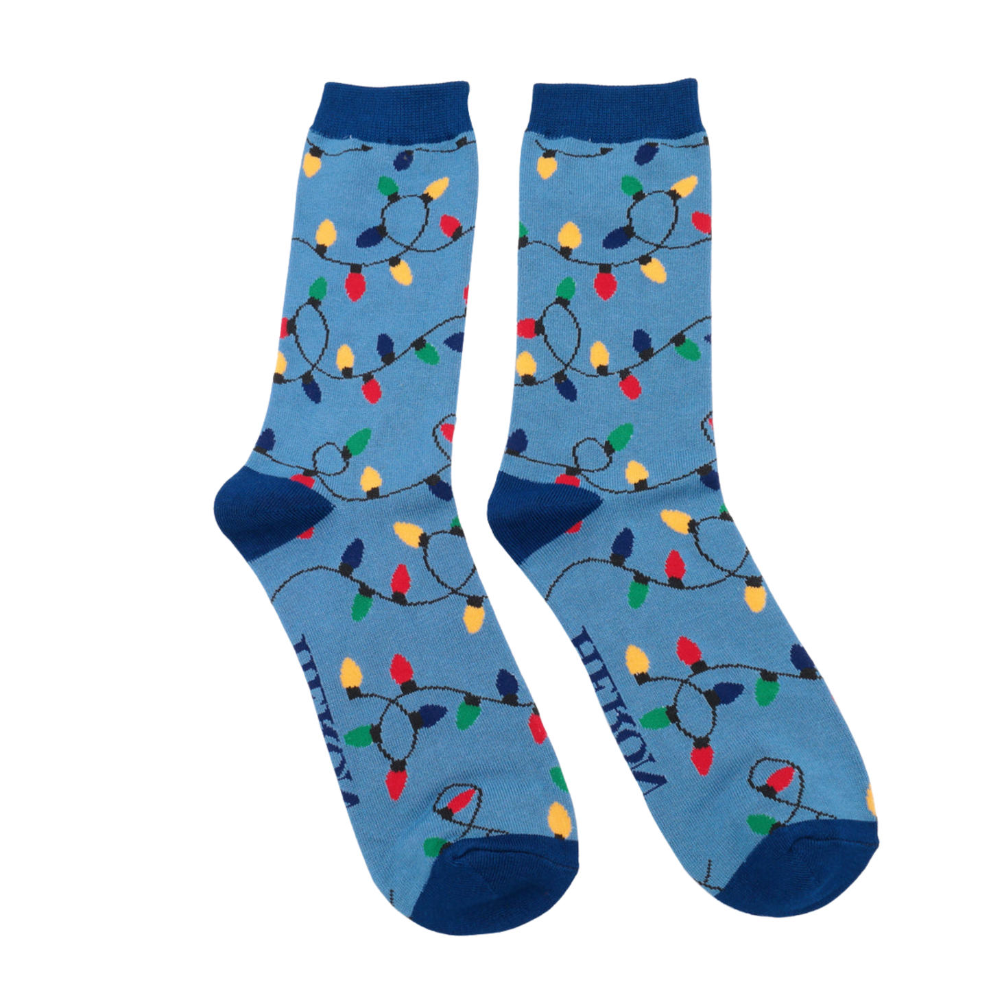 A pair of socks with a christmas light motif. Blue legs, blue heel, toe and cuff.