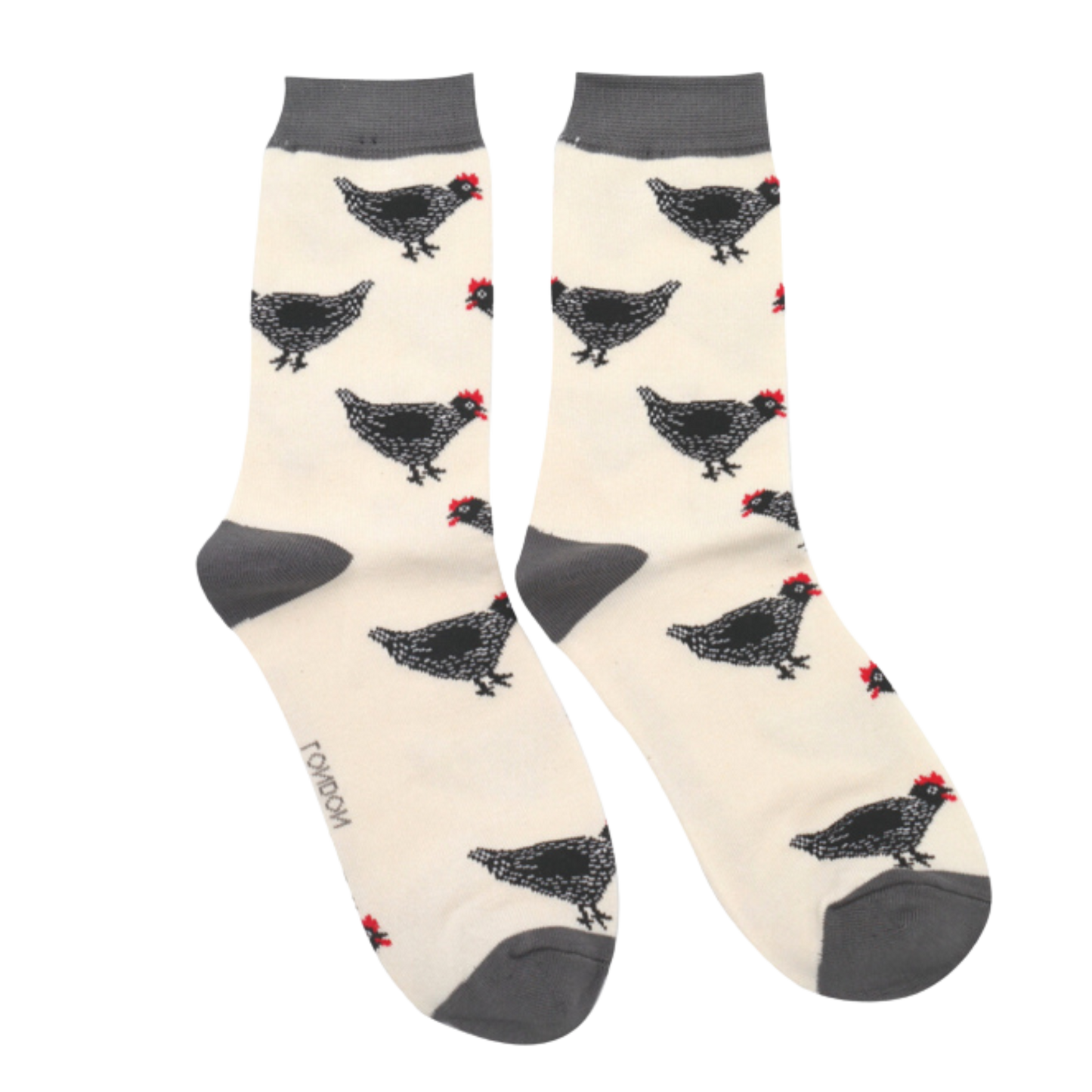 Hens Bamboo Socks - Miss Sparrow. A pair of socks featuring hens. Cream legs, grey heel, toe and cuff.