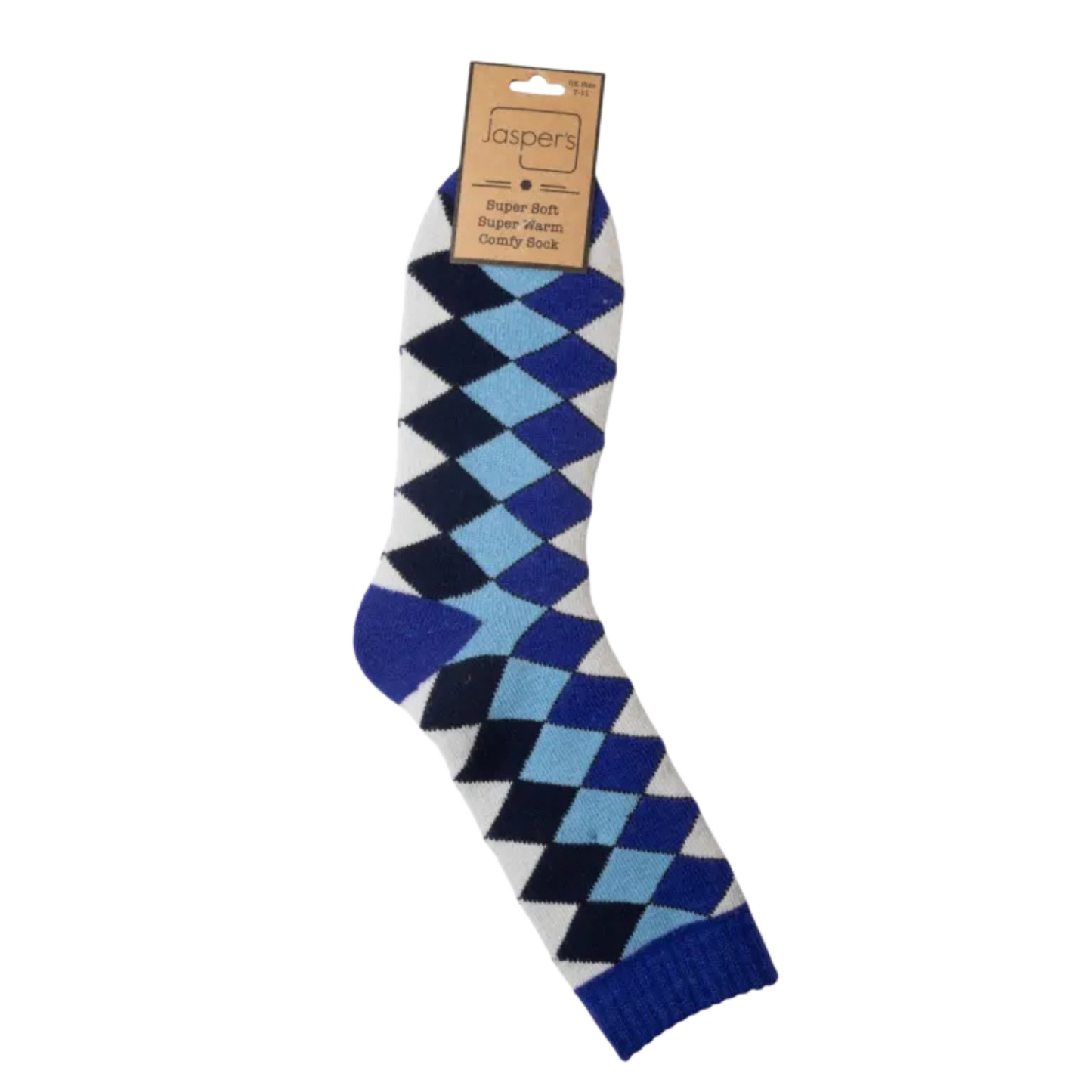 Blue and white argyle patterned sock with a brand tag on a white background