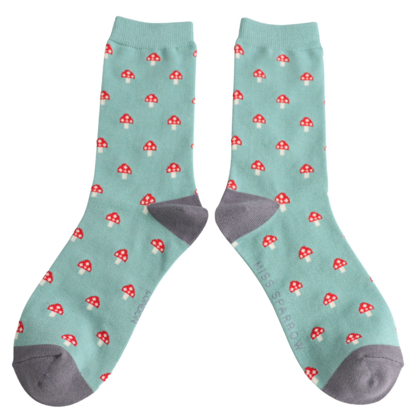 Little Mushrooms Bamboo Socks - Miss Sparrow. A pair of socks with a toadstool pattern. Green legs, grey heel and toe.