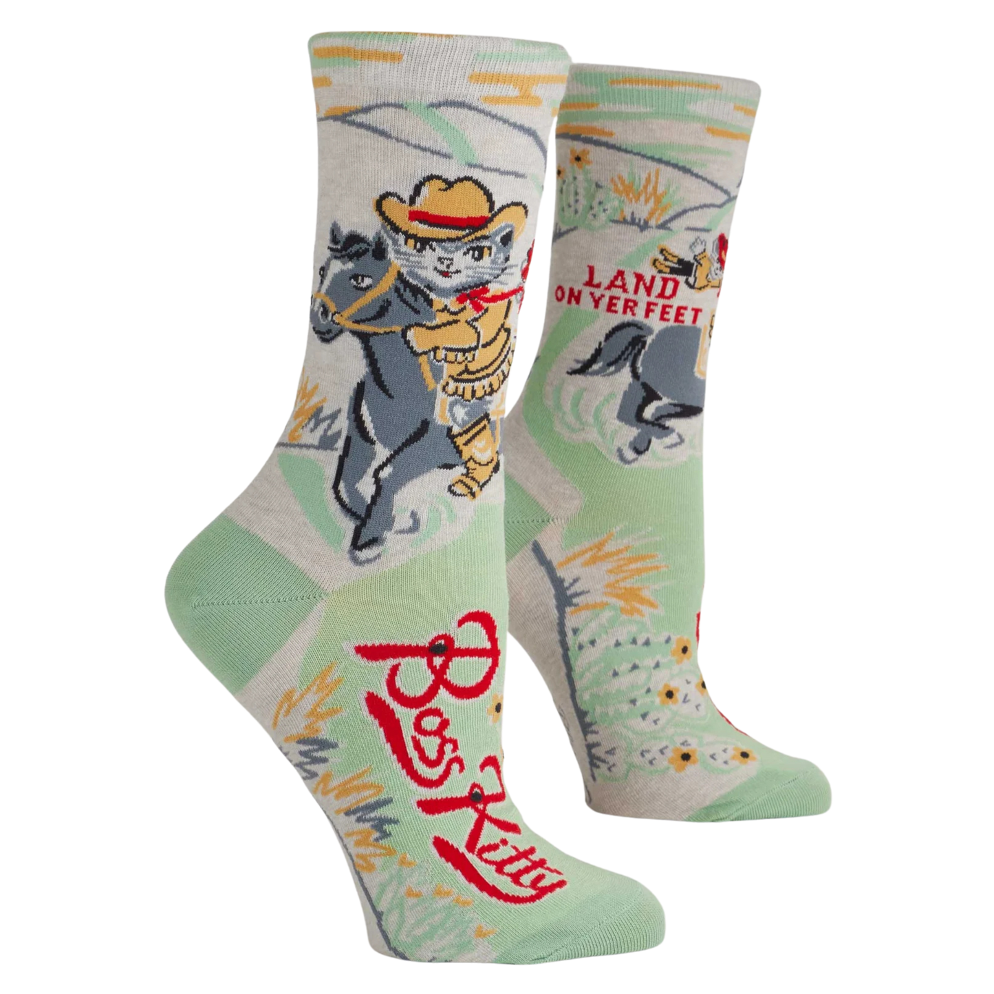 Boss Kitty Socks. A pair of socks featuring Boss Kitty. A cat riding on a horse.