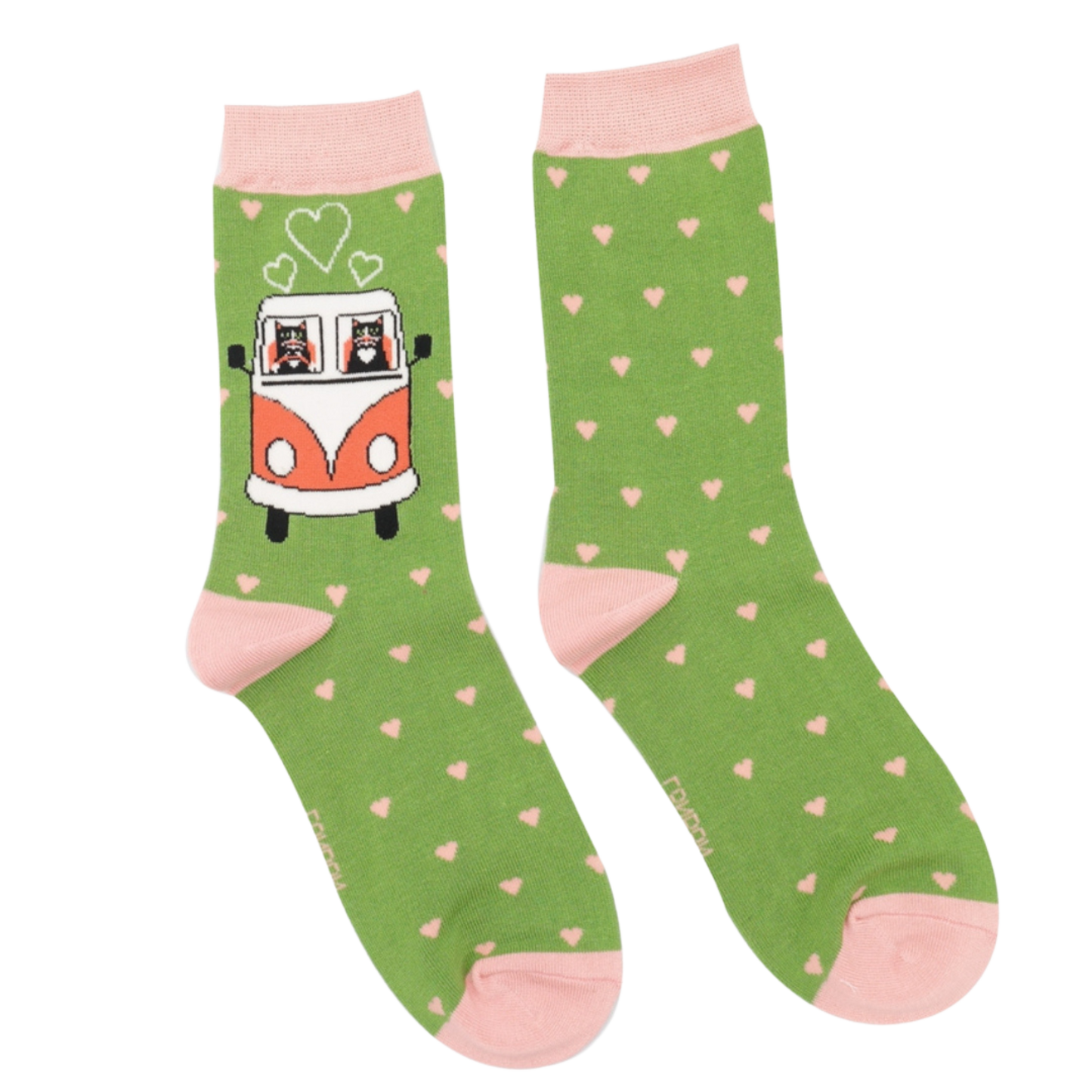 Road Trip Cats Bamboo Socks - Miss Sparrow. A pair of socks featuring cats in a camper van. Green legs, pink heel. toe and cuff.