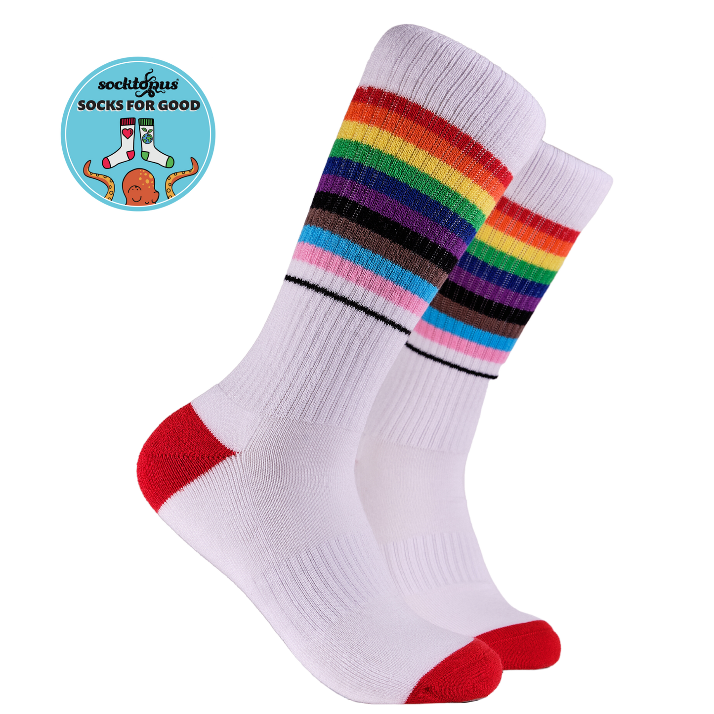 A pair of socks depicting the pride flag. White legs, white cuff, red heel and toe.