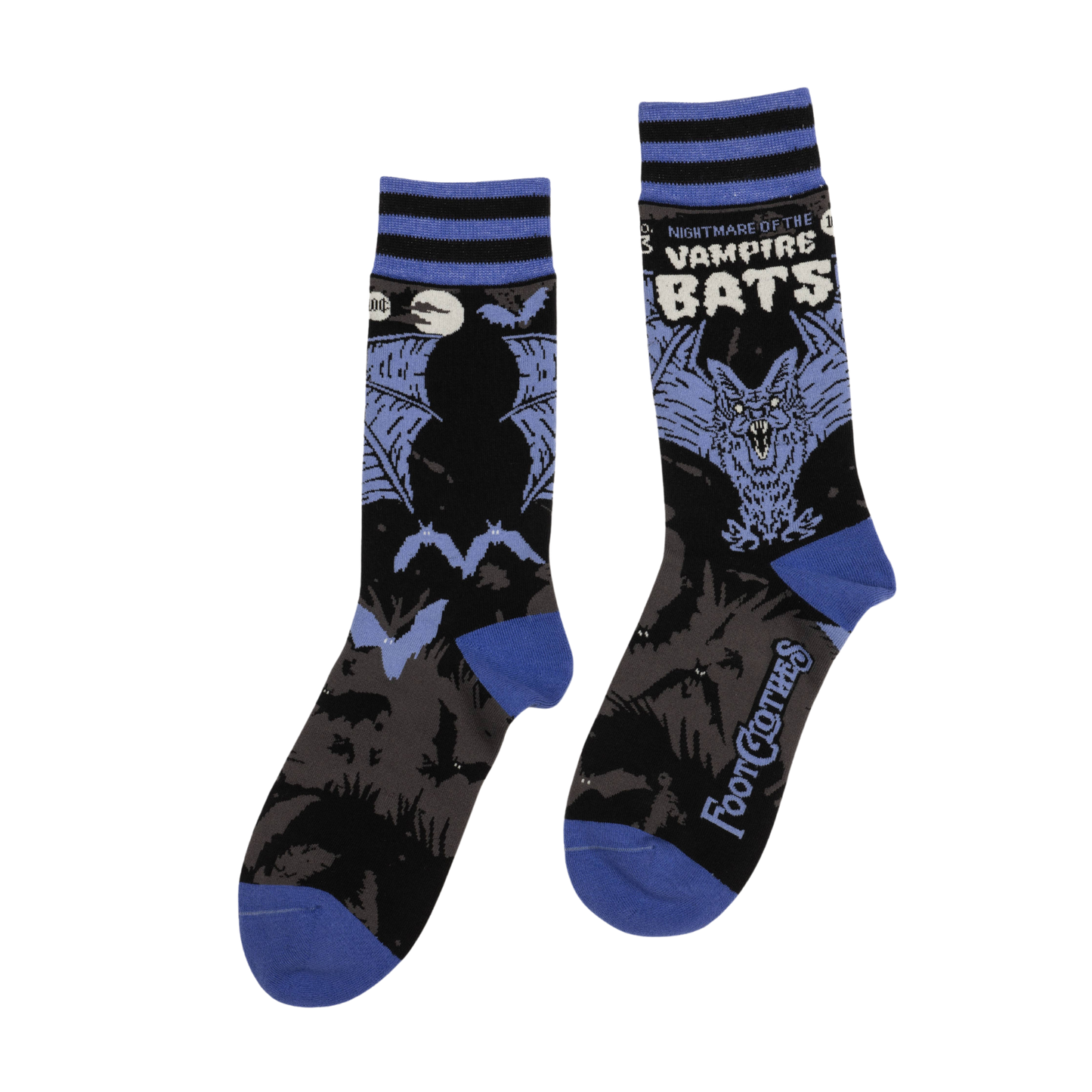 A pair of socks depicting a scary looking vampire bat. Blue toes, cuff and heel.