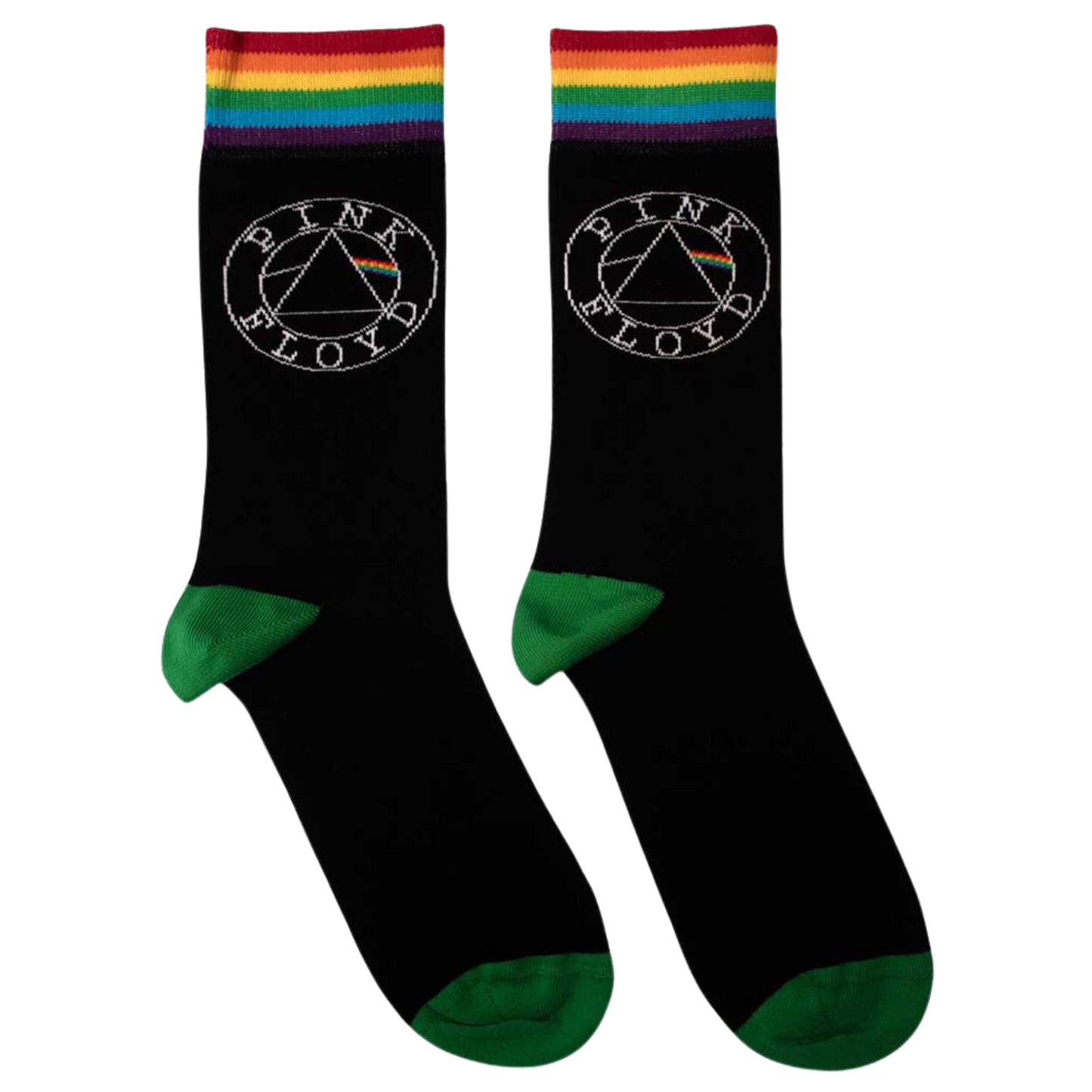 Pink Floyd Circle Logo Socks. A pair of socks with the Pink Floyd logo. Black legs, green heel and toe. Rainbow cuff.