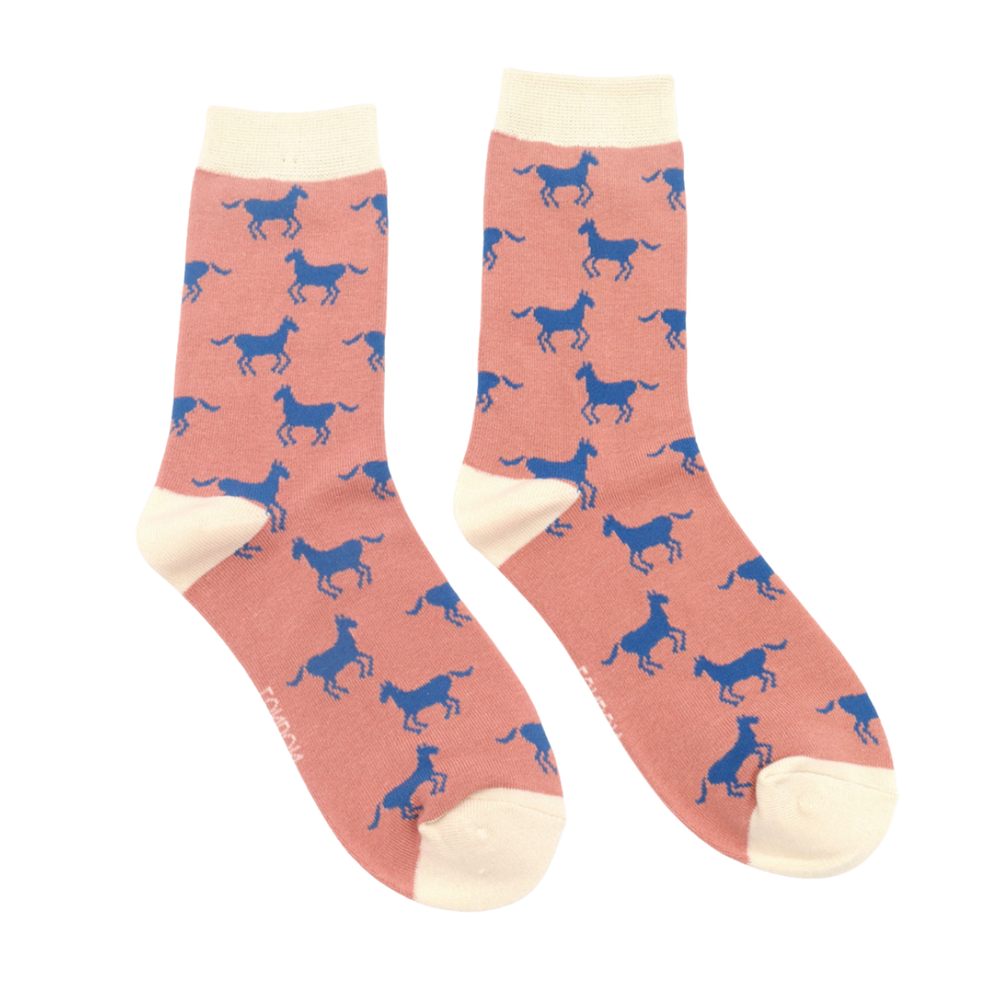 Horses Bamboo Socks - Miss Sparrow. A pair of light pink socks featuring a blue horse pattern. White cuffs, heels, and toes. Socks shown on a white background.