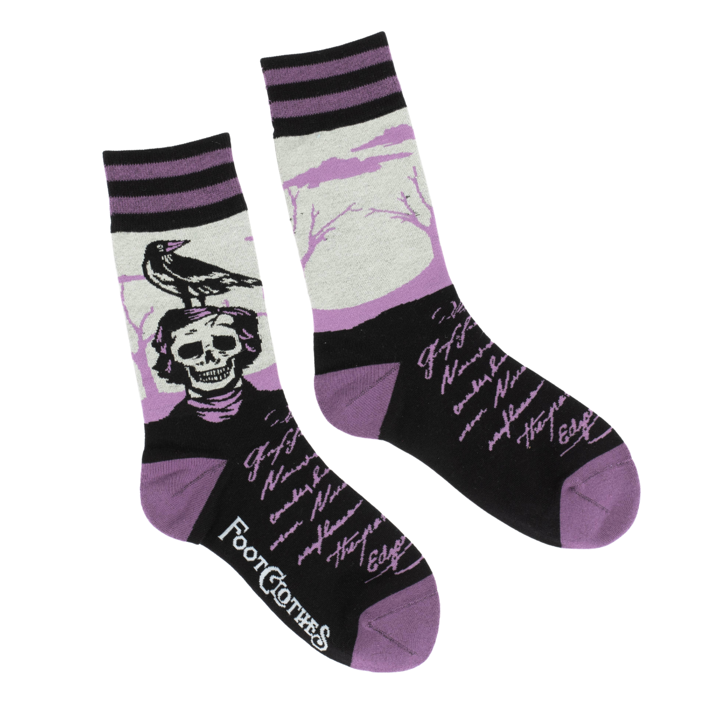 The Raven Poe Socks. A pair of socks depicting a skeleton Edgar Allan Poe with a raven. Purple toes, heel and cuff.