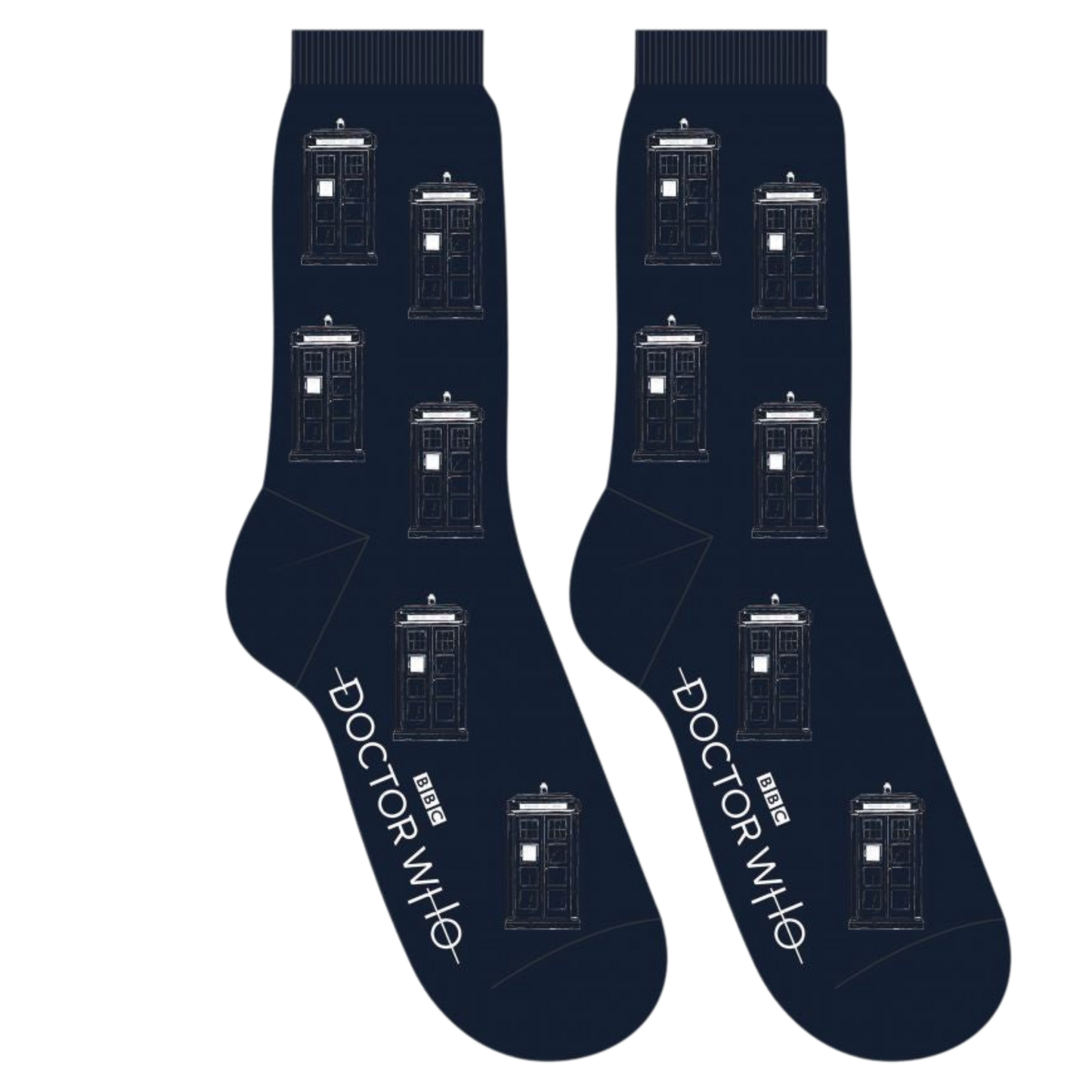 Doctor Who - Tardis Socks. A pair of socks with a tardis pattern. Dark blue legs, heel, toe and cuff.