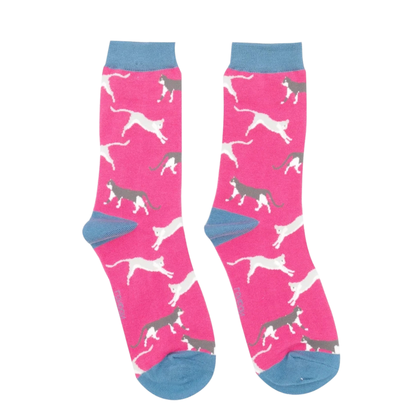 Wandering Cats Bamboo Socks - Miss Sparrow. A pair of socks featuring wandering cats. Hot pink legs, blue heel, toe and cuff.