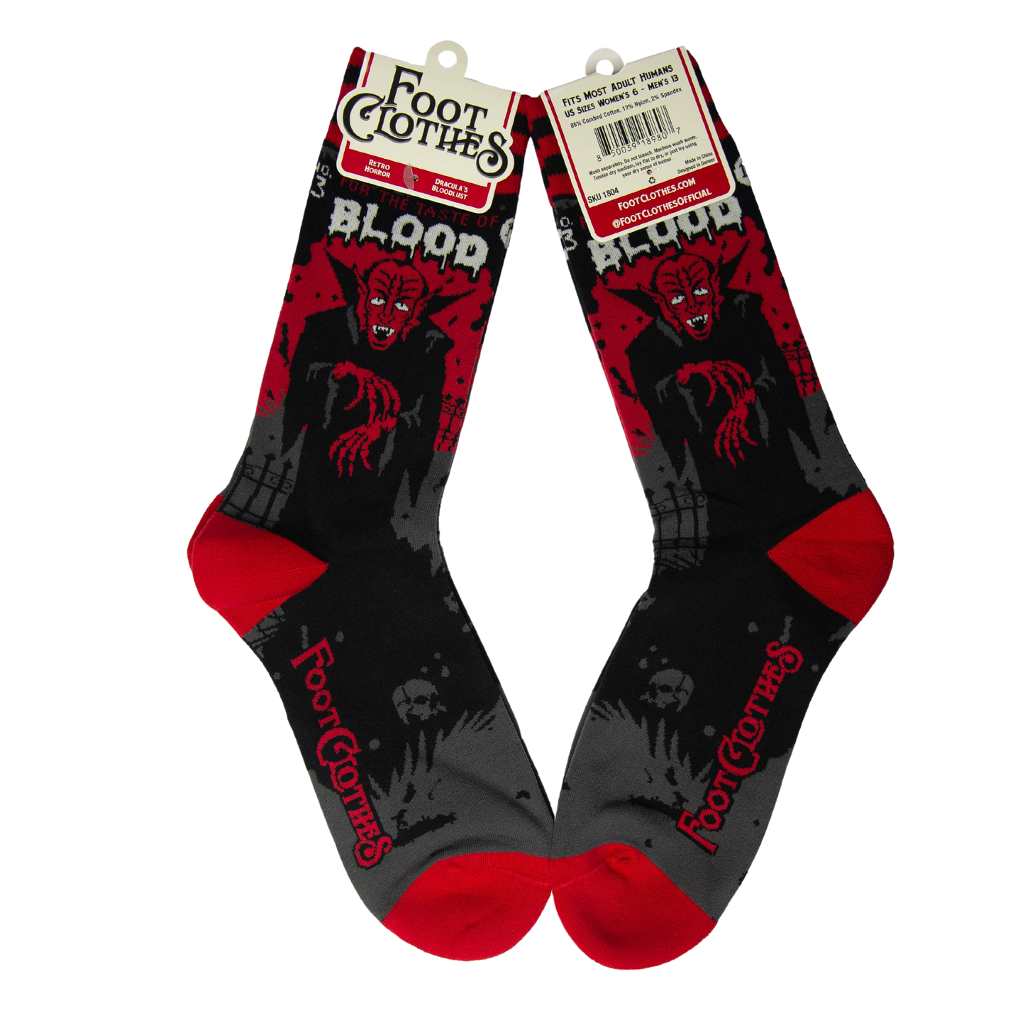 A pair of socks depicting Dracula and a vampire slogan. Red cuff, heel and toe.