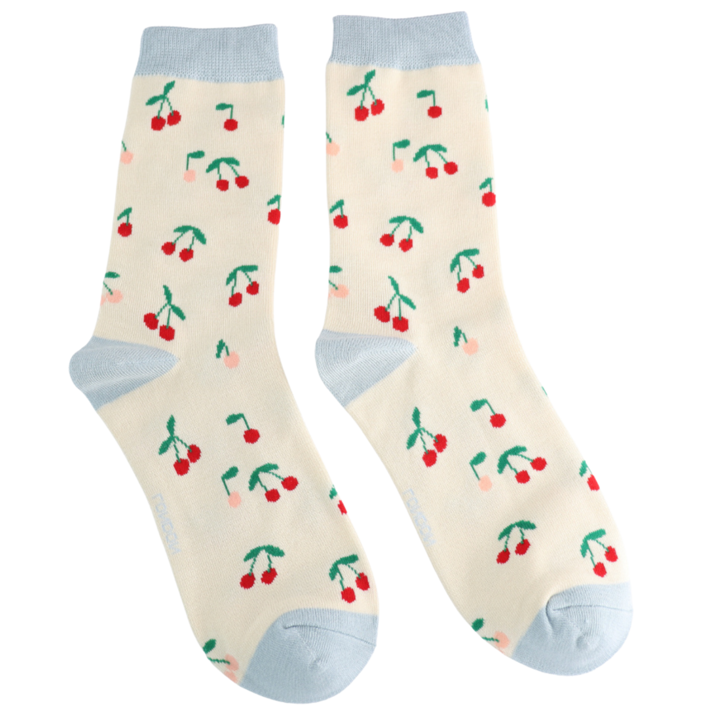 Mini Cherries Bamboo Socks - Miss Sparrow. A pair of socks with a cherry pattern. Yellow legs, blue heel, toe and cuff.