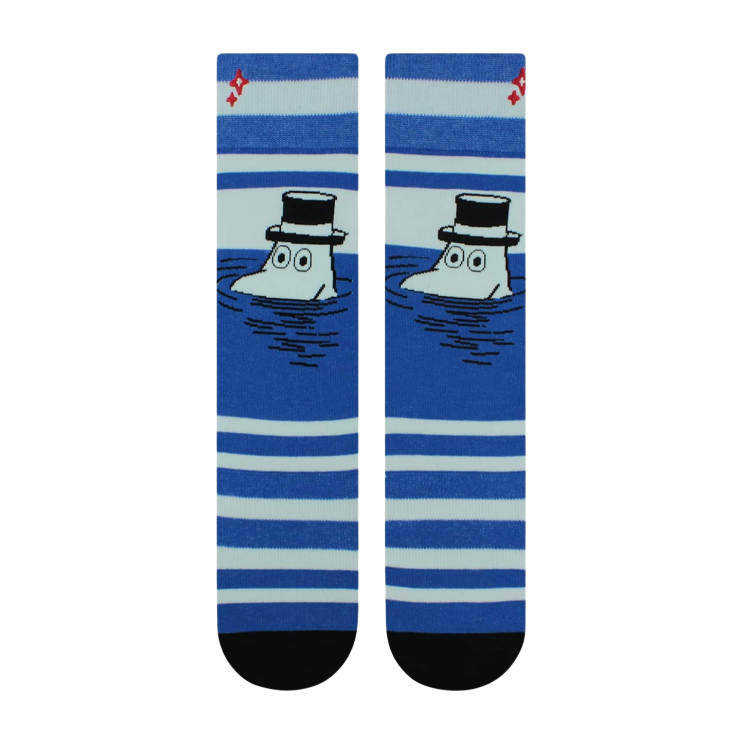 Moomin Papa Stripe Socks. A pair of socks featuring the iconic Moomin Papa. Blue stripes and black details.