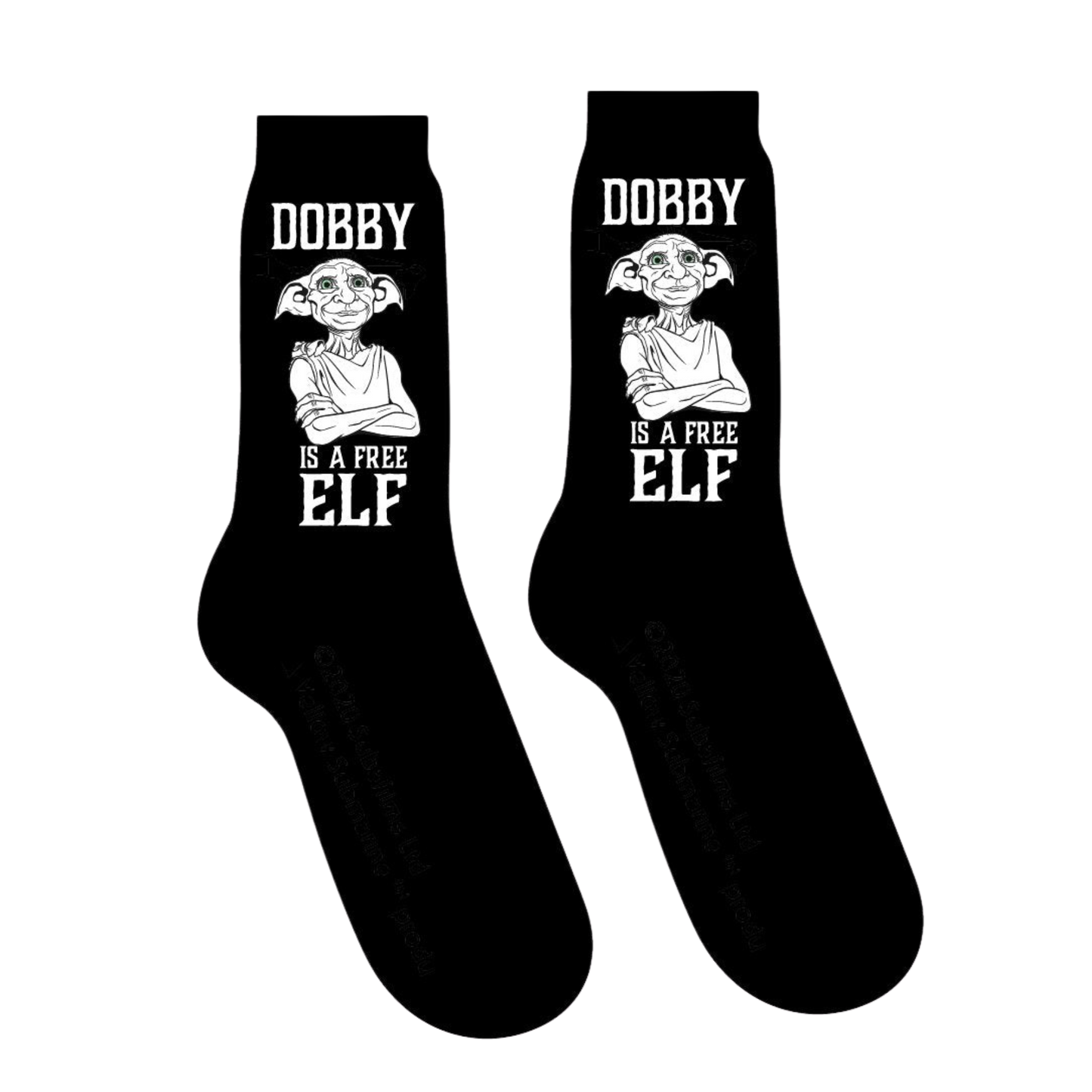 Harry Potter Dobby is Free Socks. A pair of socks celebrating Dobby being giving a sock. Black and white.