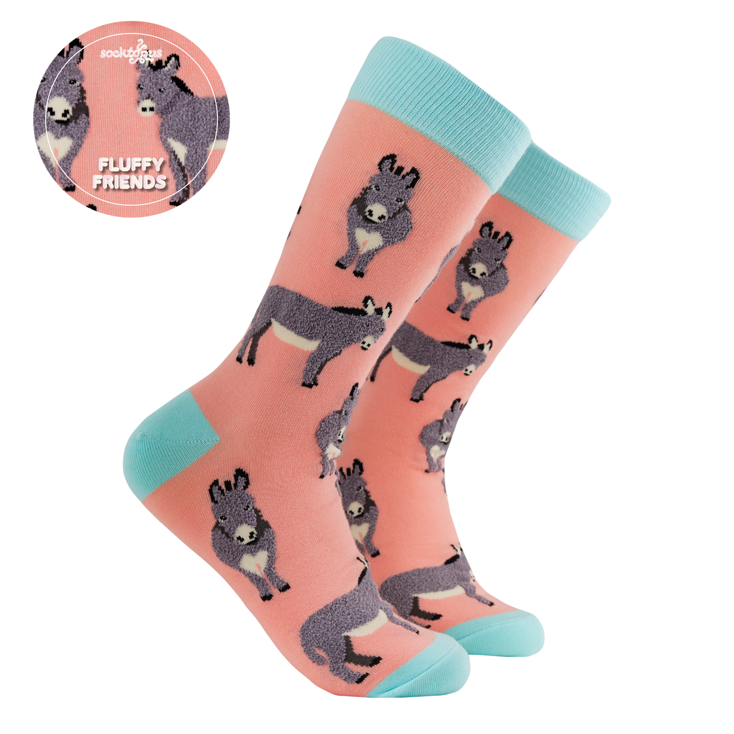 Fluffy Donkeys Socks. A pair of socks with fluffy soft donkeys. Pink legs, blue heel, toe and cuff.