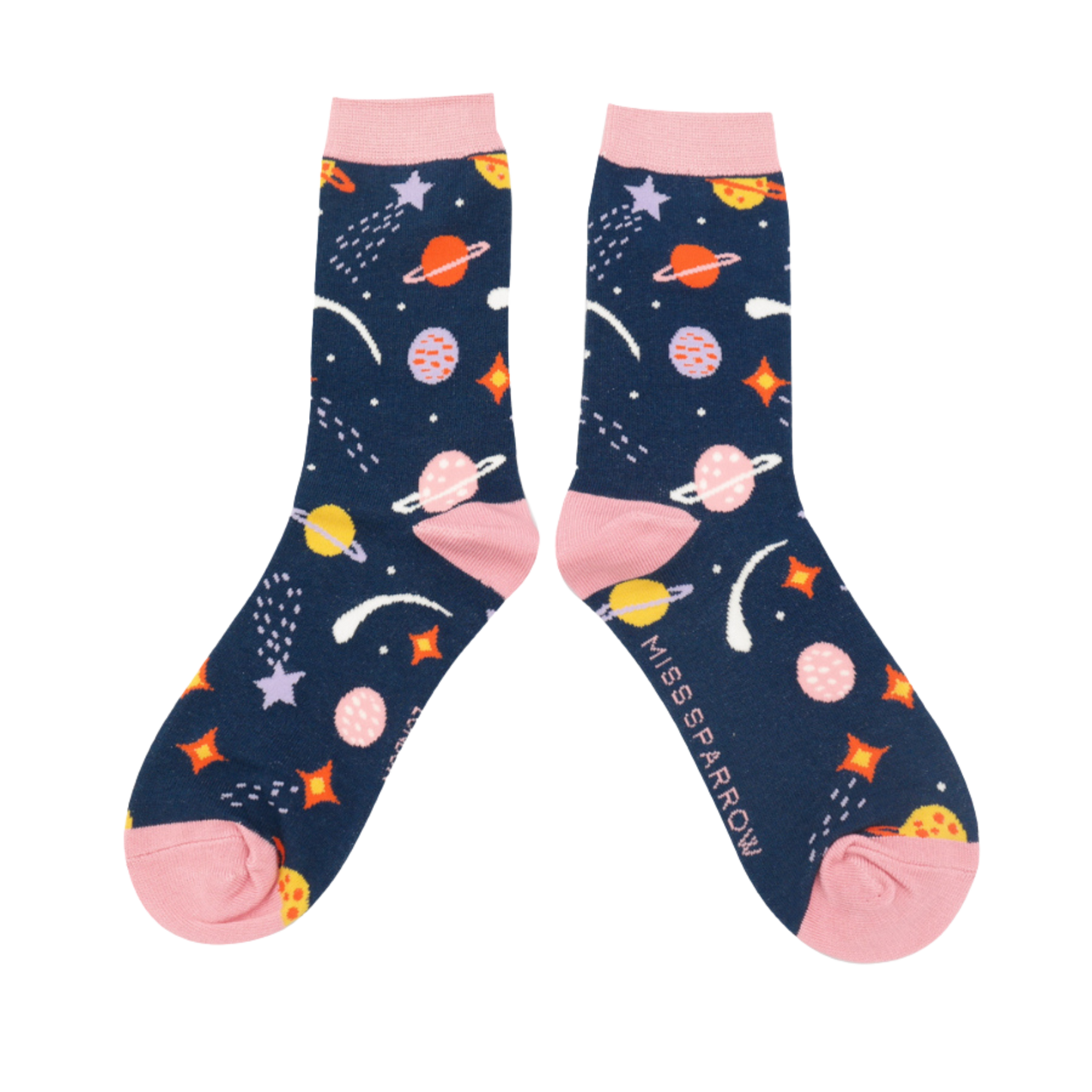 Space Bamboo Socks - Miss Sparrow. A pair of socks with a fun sce and planets theme. Blue legs, pink heel, toe and cuff.