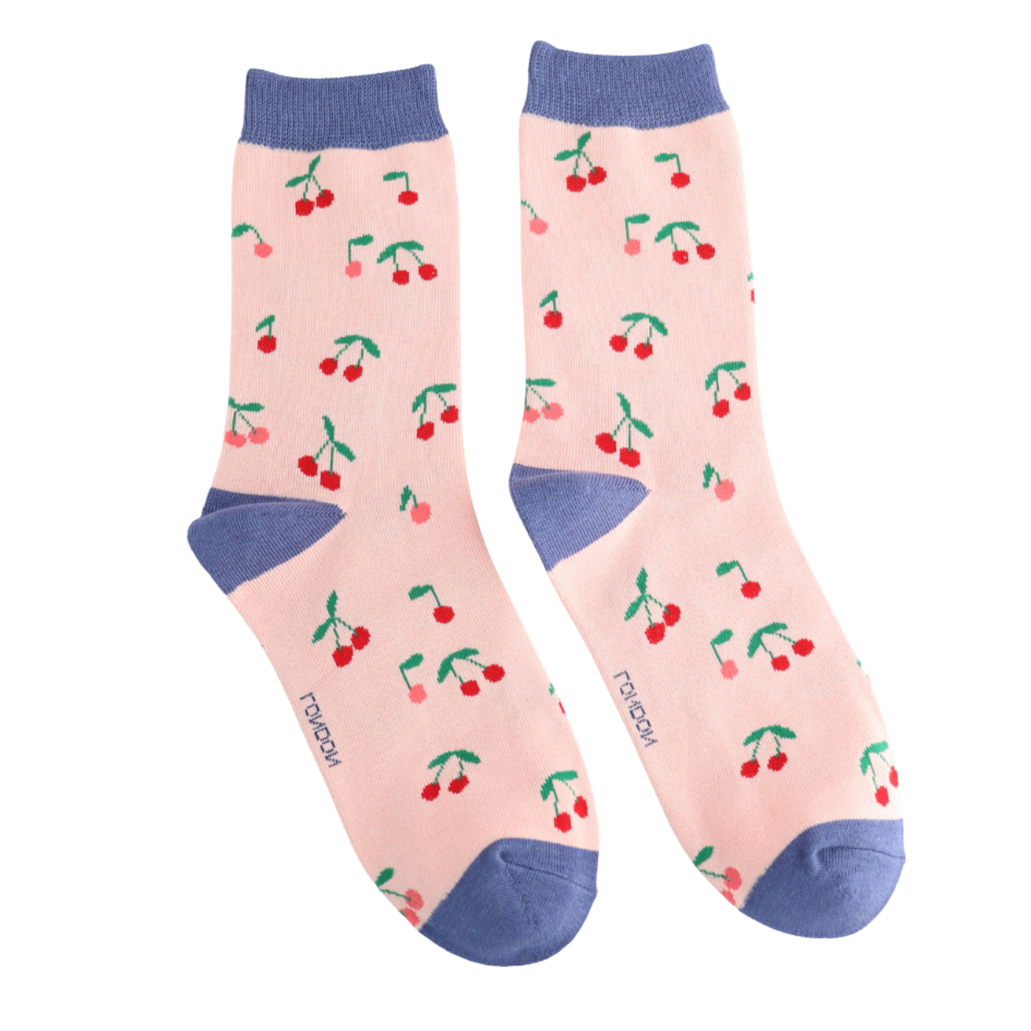 Mini Cherries Bamboo Socks - Miss Sparrow. A pair of socks with a cherry pattern. Pink legs, blue heel, toe and cuff.