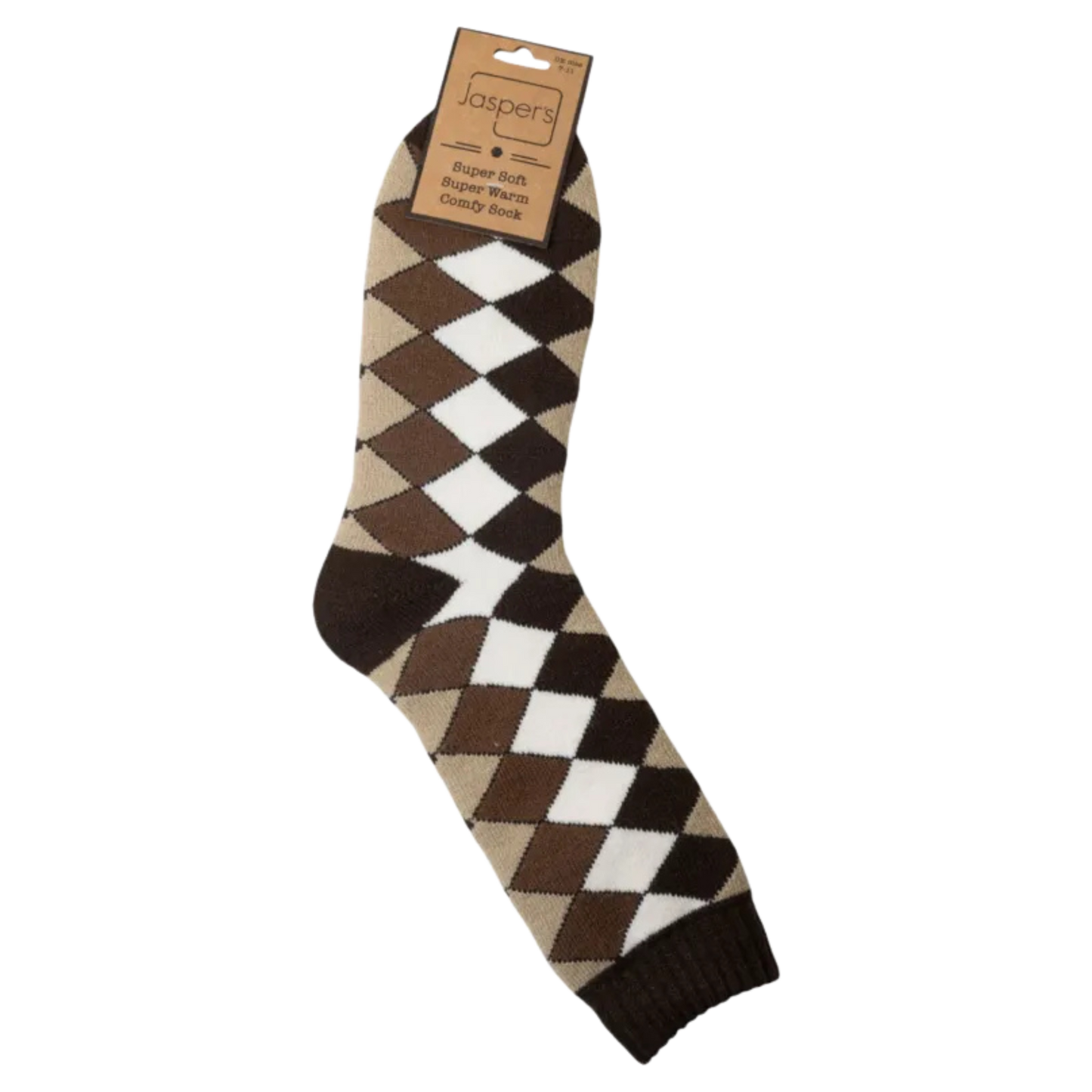 Argyle patterned sock with brown, white, and beige colors on a white background