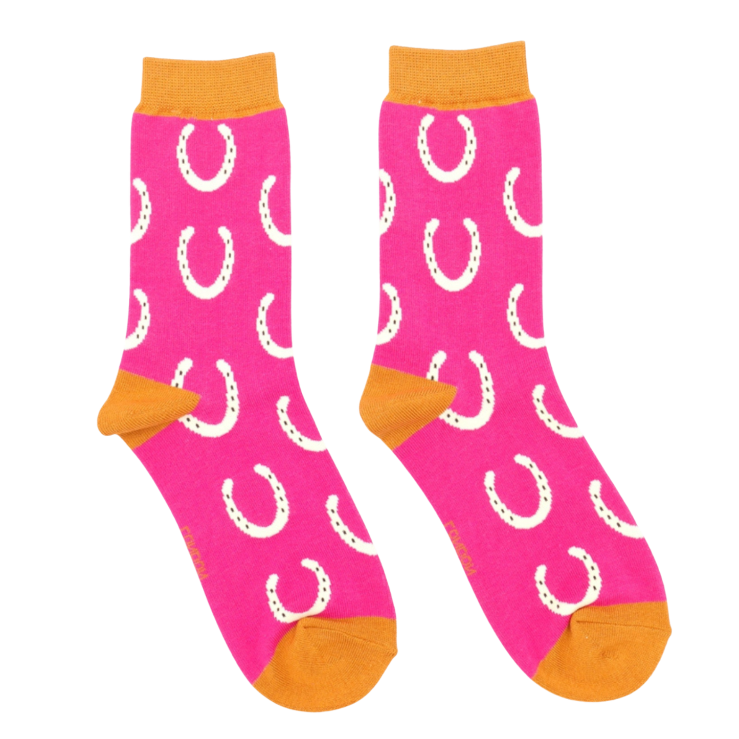 Horseshoes Bamboo Socks - Miss Sparrow. A pair of bright pink socks featuring a white horseshoe pattern. Orange cuffs, heels, and toes. Socks shown on a white background.