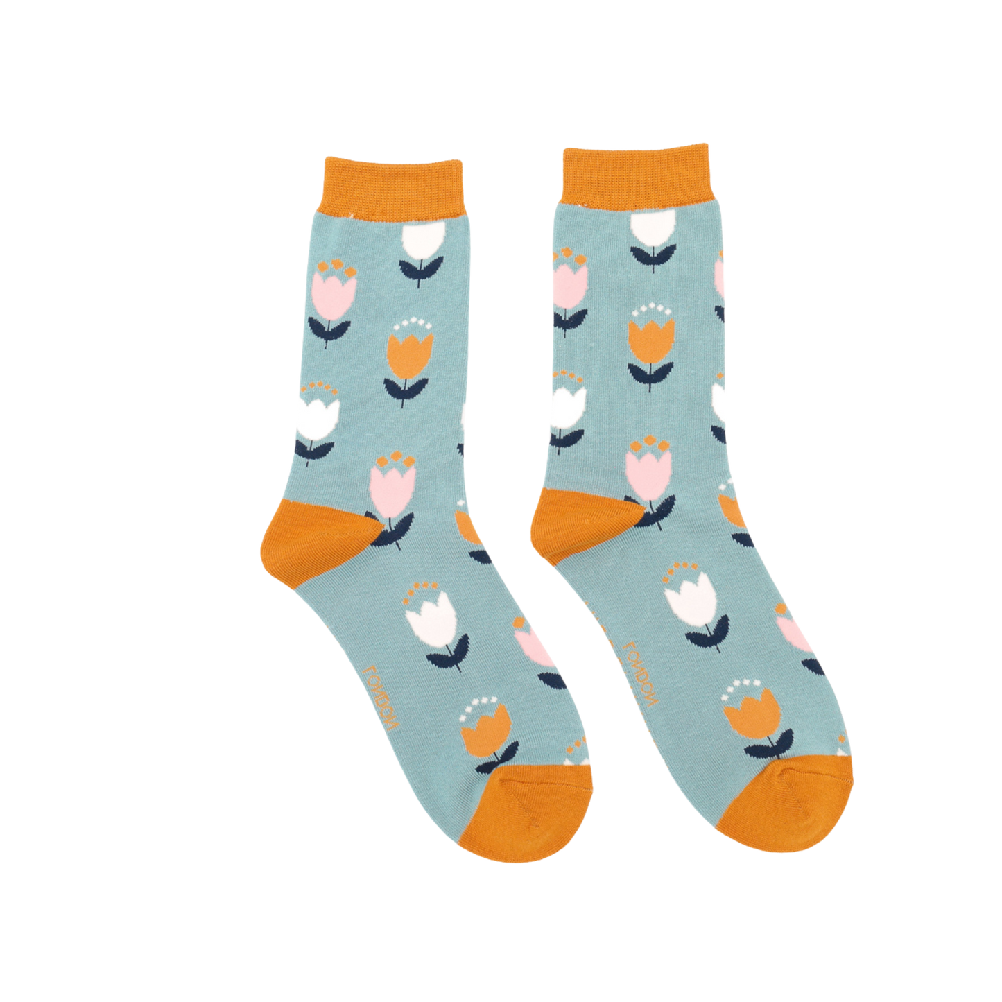 Tulip Bamboo Socks - Miss Sparrow. A pair of pale blue socks featuring a white, yellow, and navy tulip pattern. Yellow cuffs, heels, and toes. Socks shown on a white background.