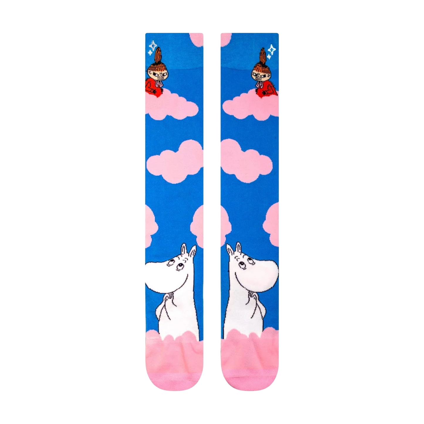 Moomin Clouds Knee-High Socks. A pair of knee high socks with a fun design featuring Moomins on clouds.