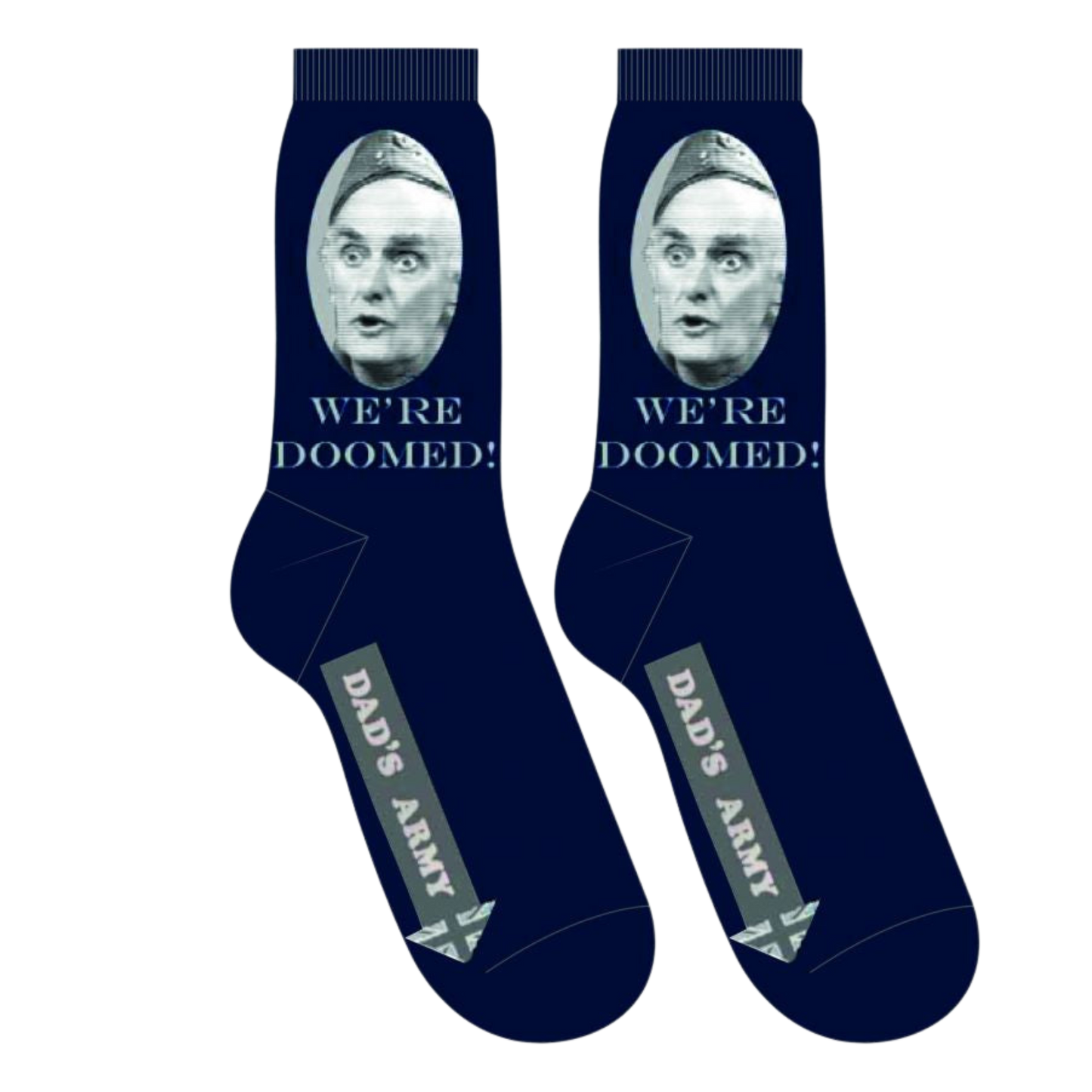 Dad’s Army - We’re Doomed Socks. A pair of socks featuring Frazier from dad's army. Dark blue legs, heel, toe and cuff.