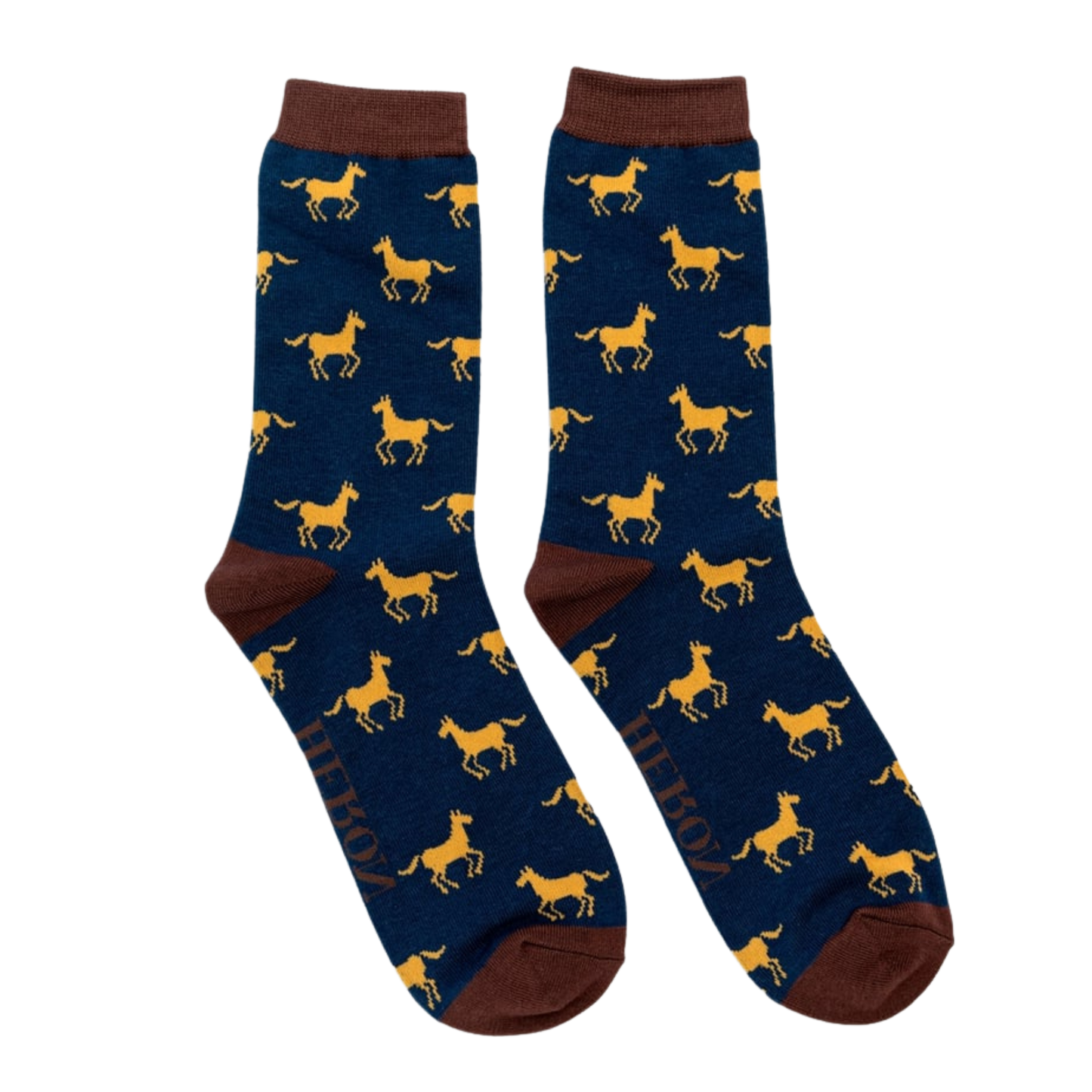 Horses Bamboo Socks - Miss Sparrow. A pair of navy socks featuring a yellow horse pattern. Brown cuffs, heels, and toes. Socks shown on a white background.