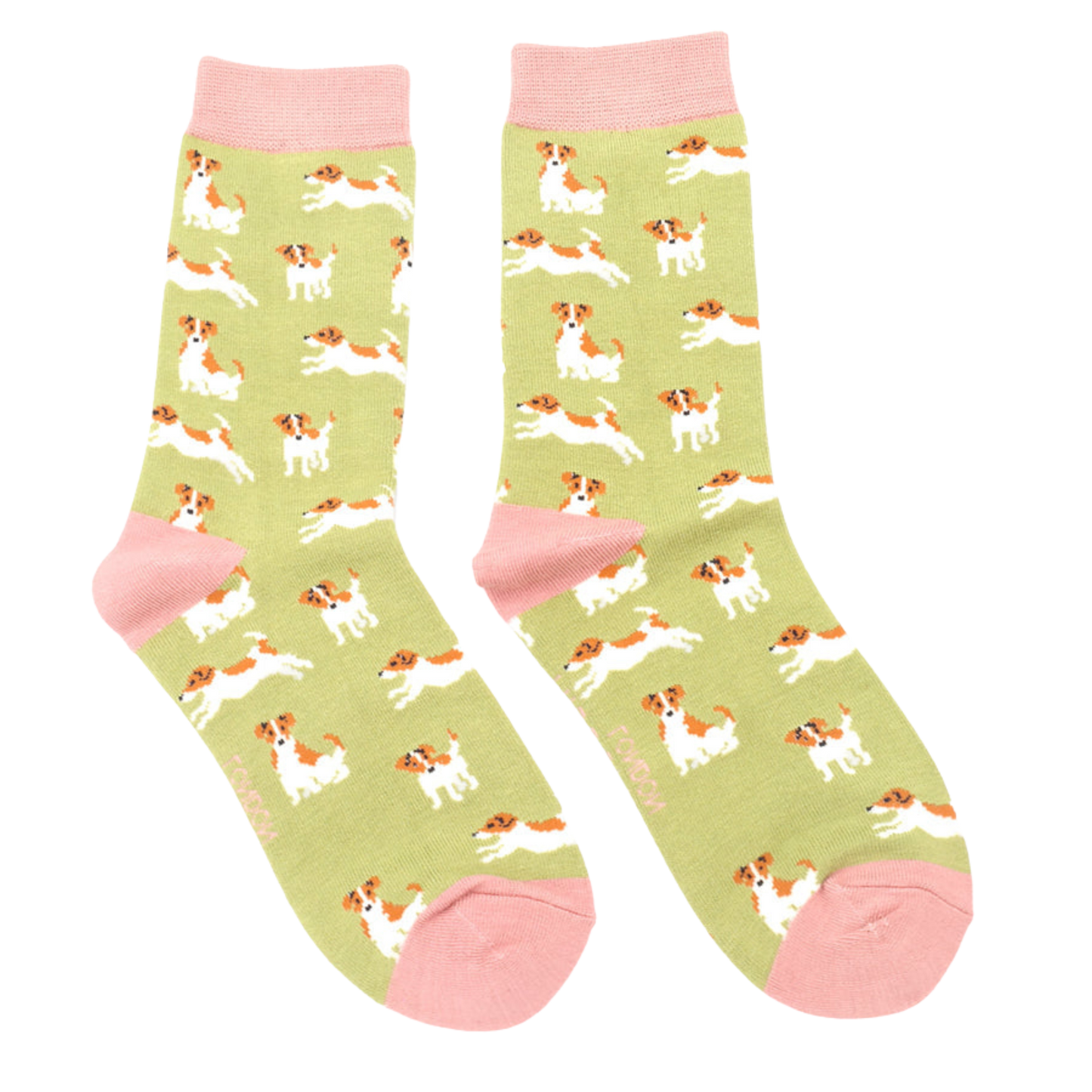 Jack Russells Bamboo Socks. A pair of socks featuring a jack russell motif. Yellow legs, pink heel, toe and cuff.
