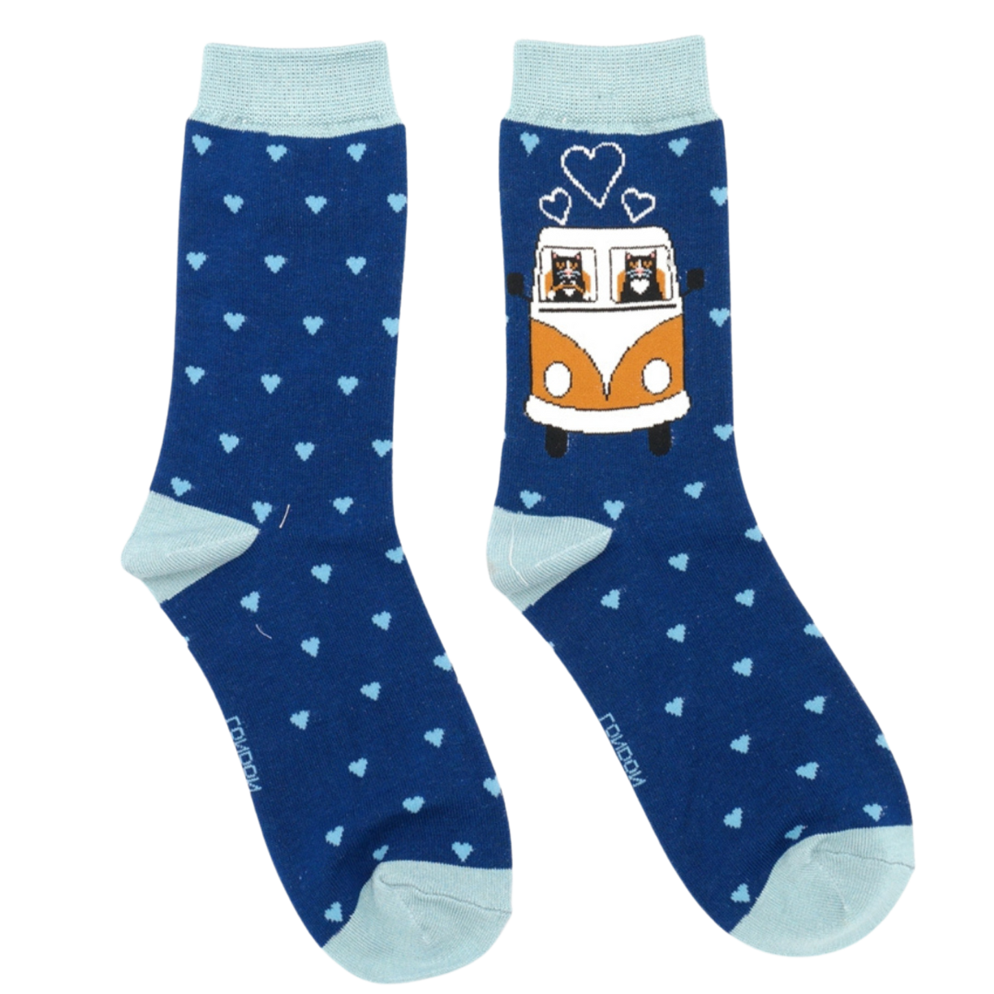 A pair of socks featuring cats in a camper van. Dark blue legs, light blue heel, toe and cuff.
