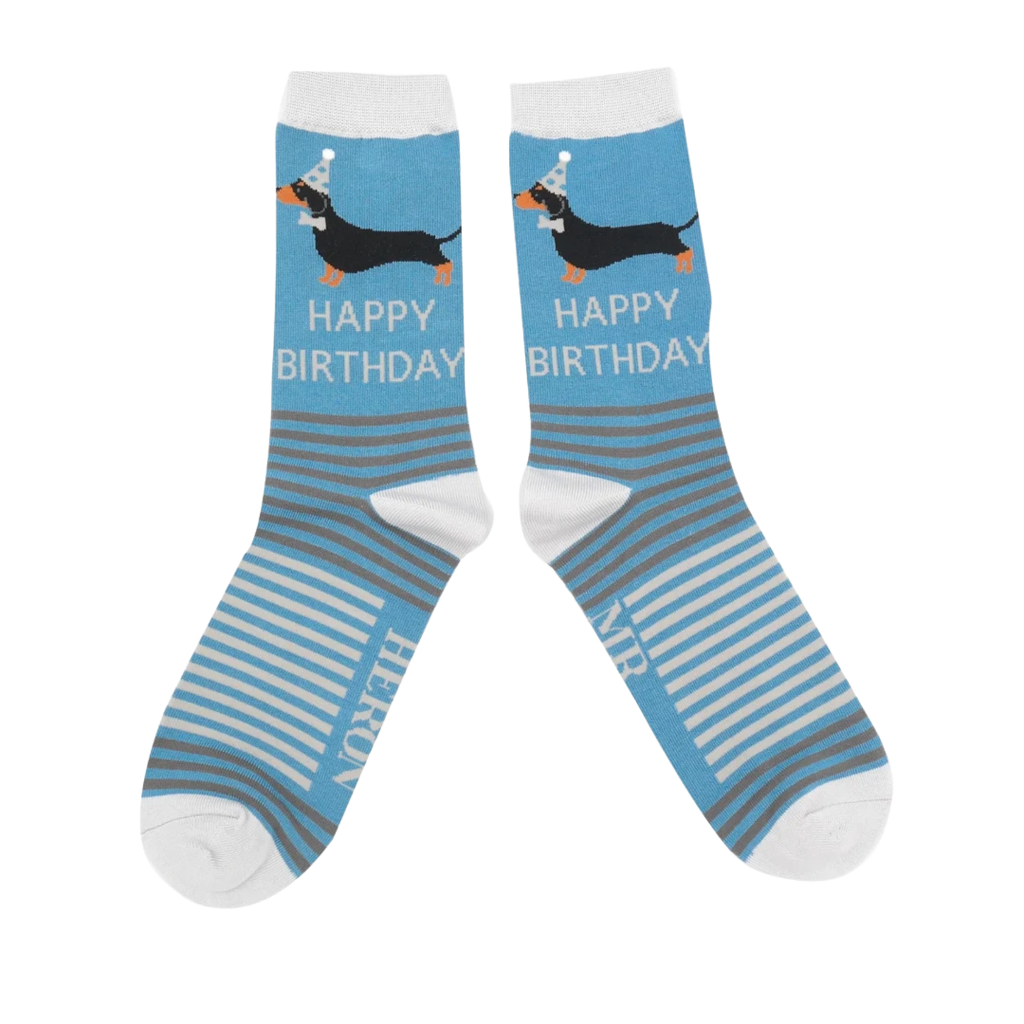 Birthday Sausage Dogs Bamboo Socks - Miss Sparrow. A pair of socks featuring sausage dogs all dressed up for a party. Blue legs, white heel, toe and cuff.