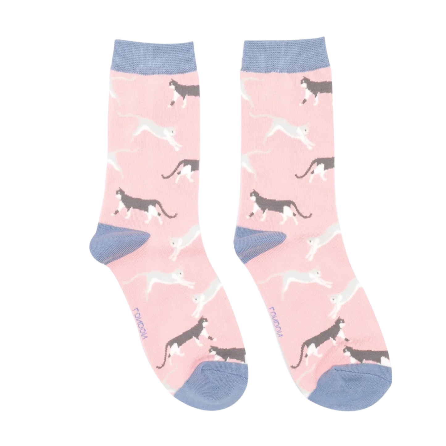 A pair of socks featuring wandering cats. Light pink legs, blue heel, toe and cuff.