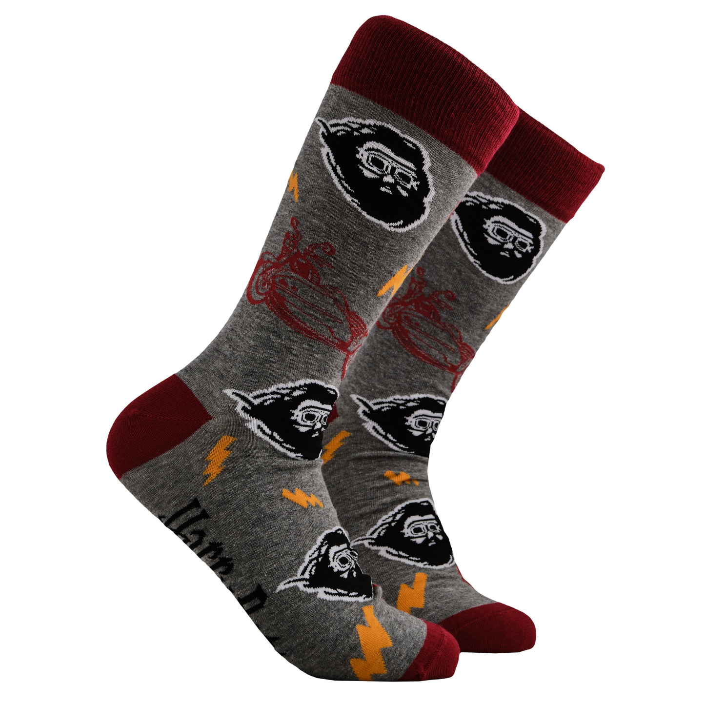 Harry Potter Socks - Hagrid. A pair of socks depicting Hagrid wearing his flying goggles. Grey legs, red toe, heel and cuff.