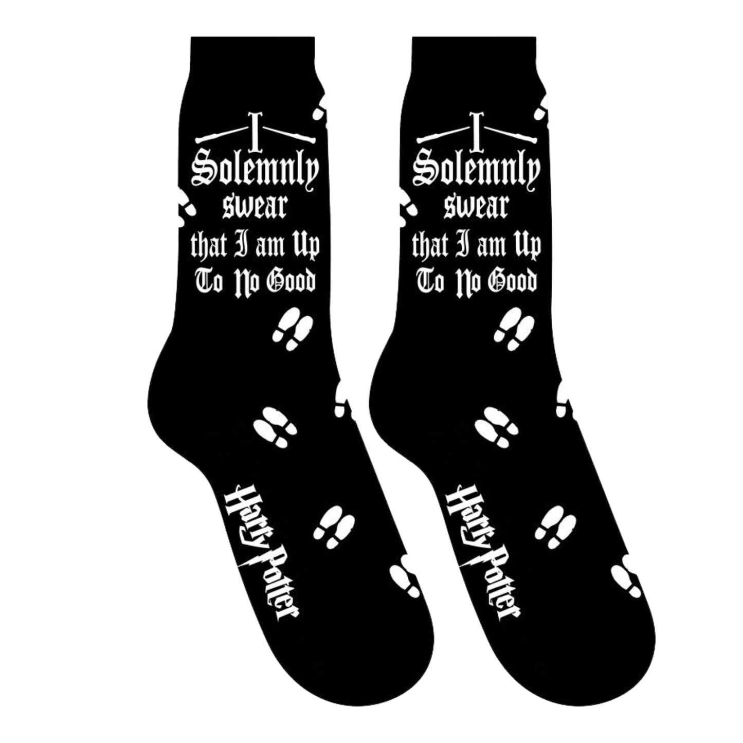Harry Potter Solemnly Swear Socks. A pair of black socks with an iconic harry potter slogan.