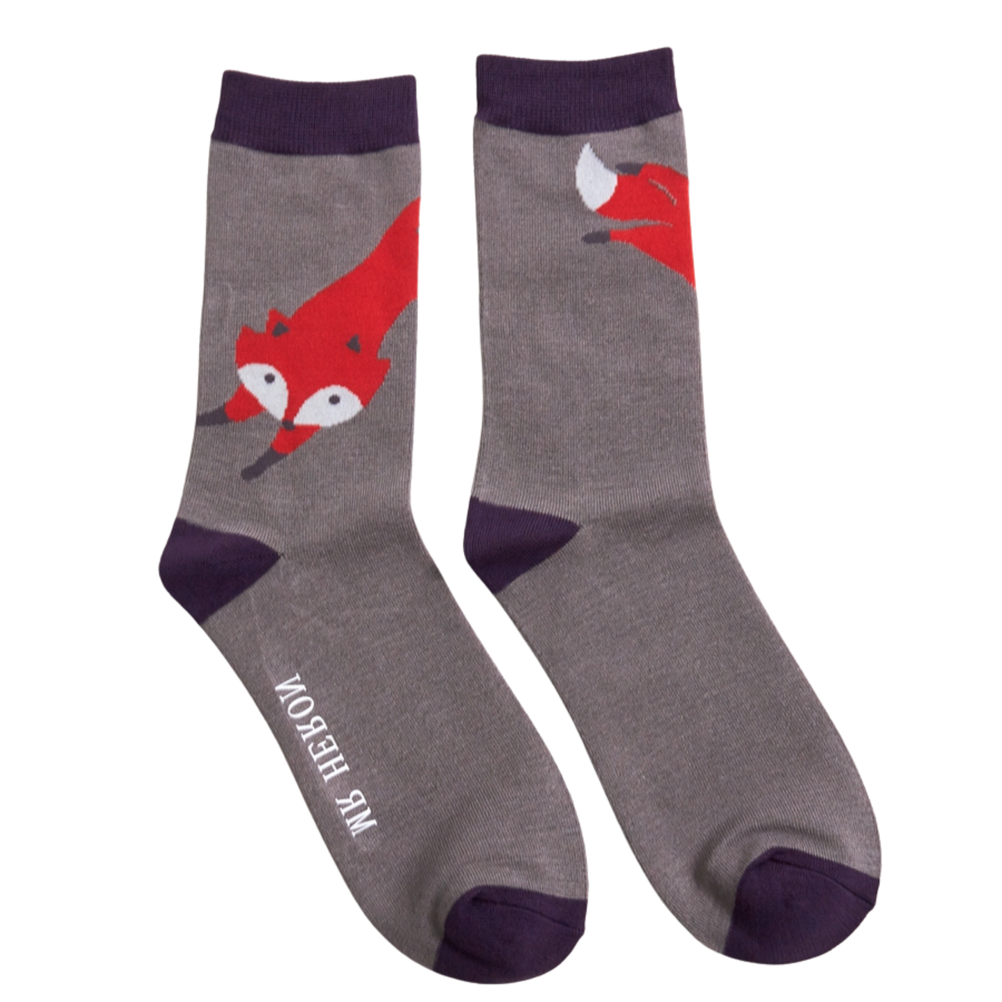 Leaping Fox Bamboo Socks - Miss Sparrow. A pair of socks with a stylised fox motif. Grey legs, purple heel, toe and cuff.
