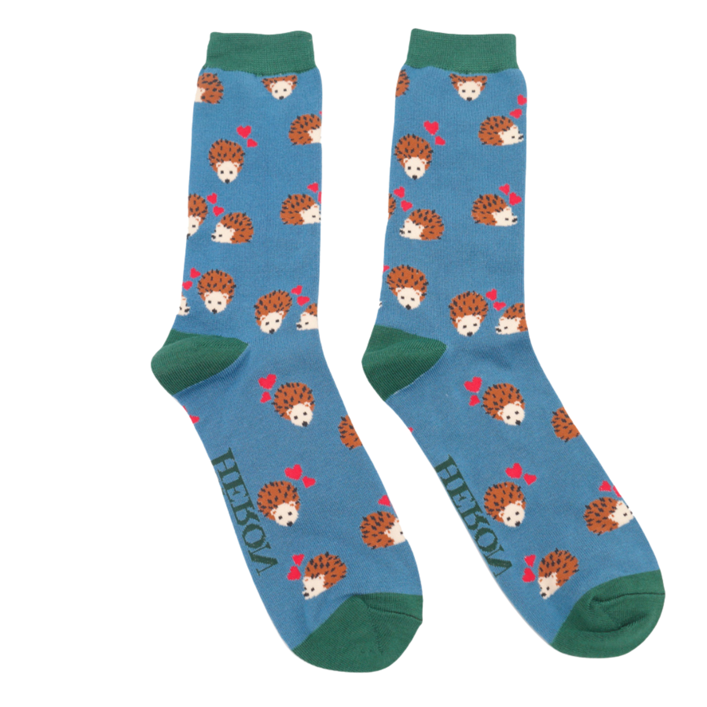 A pair of socks with a hedgehog and hearts motif. Blue legs, green heel, toe and cuff.