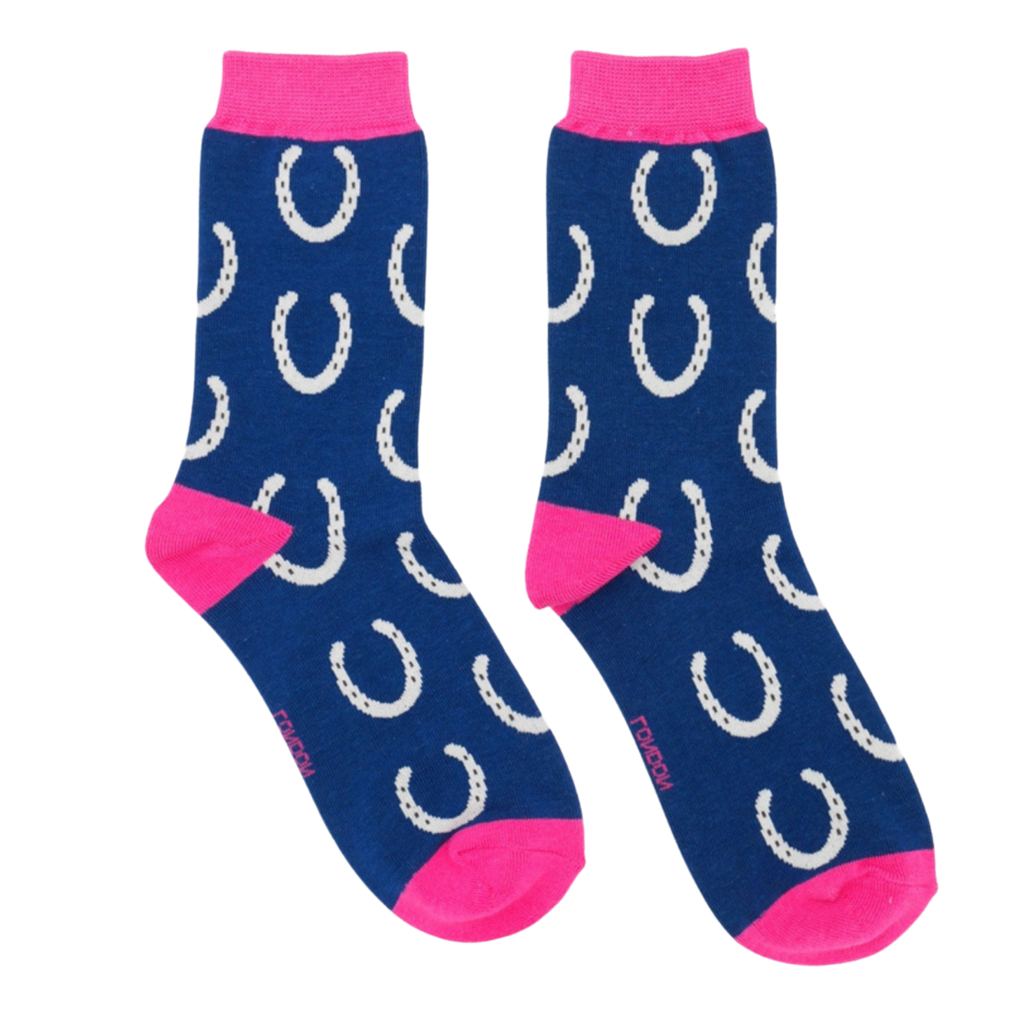 Horseshoes Bamboo Socks - Miss Sparrow. A pair of navy socks featuring a white horseshoe pattern. Bright pink cuffs, heels, and toes. Socks shown on a white background.
