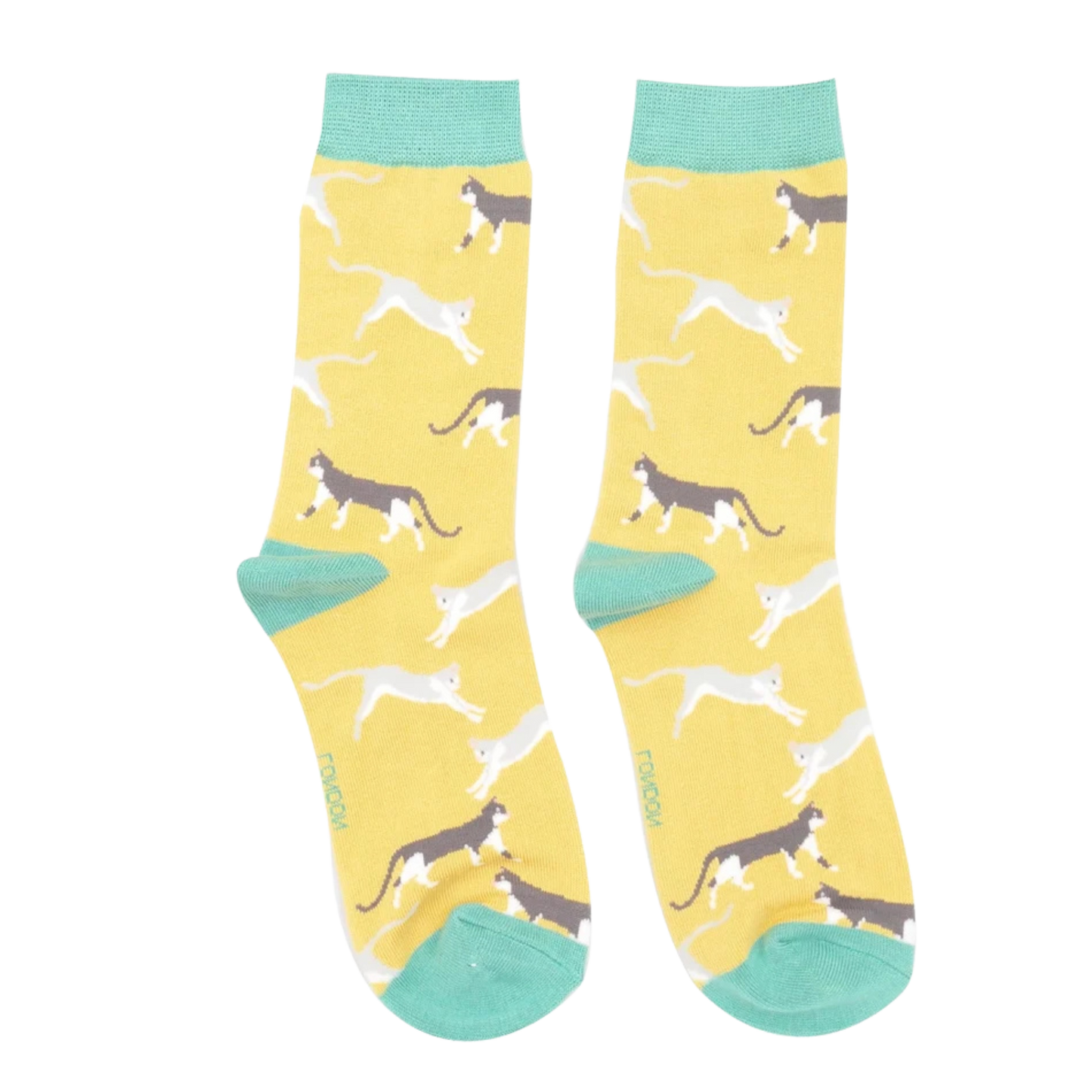A pair of socks featuring wandering cats. Yellow legs, teel heel, toe and cuff.