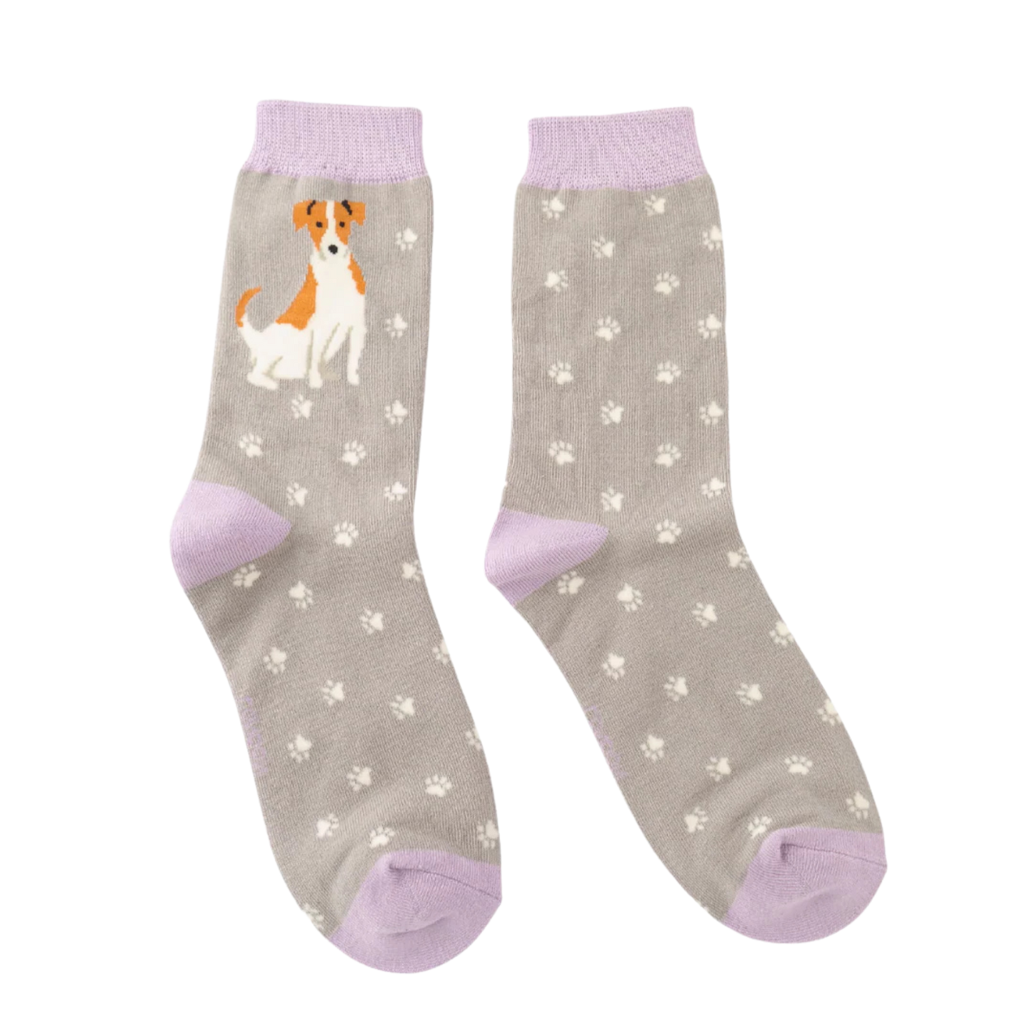 A pair of socks featuring a cute jack russell. Grey legs, pink heel, toe and cuff.