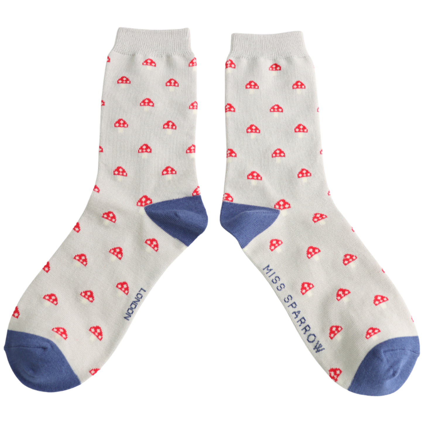 Little Mushrooms Bamboo Socks - Miss Sparrow. A pair of socks with a toadstool pattern. Grey legs, blue heel and toe.