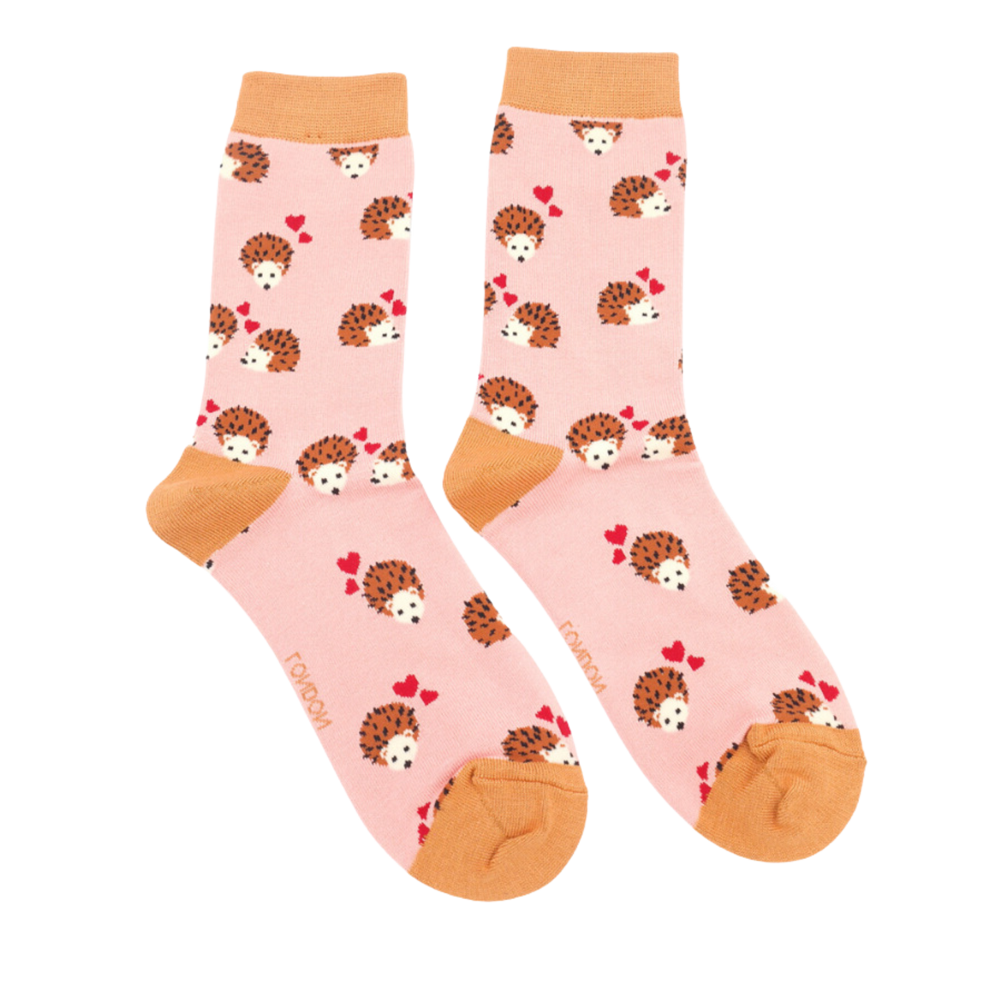 Hearts and Hedgehogs Bamboo Socks. A pair of socks with a hedgehog and hearts motif. Pink legs, orange heel, toe and cuff.