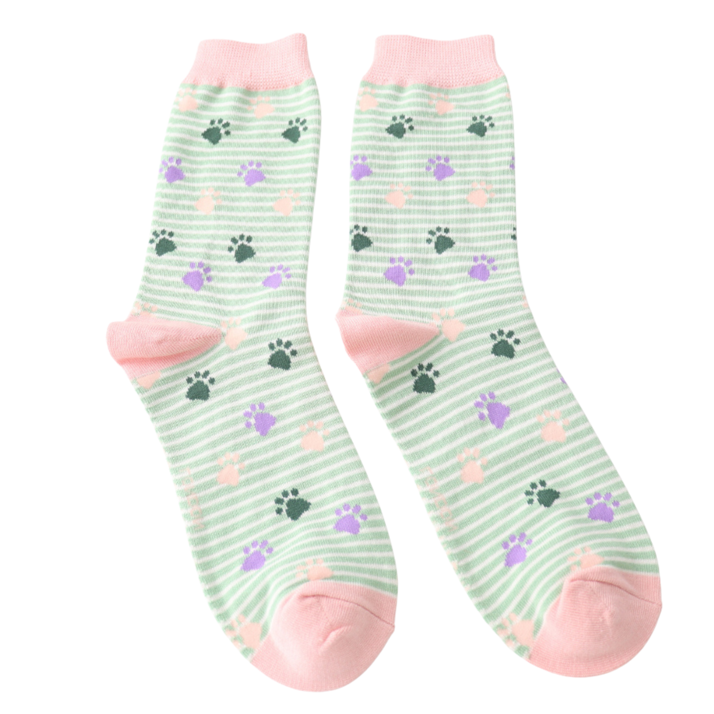 Paws and Stripes Bamboo Socks - Miss Sparrow. A pair of socks featuring white and mint green horizontal stripes, and a pink, purple, and green paw print pattern. Light pink cuffs, heels, and toes. Socks shown on a white background.