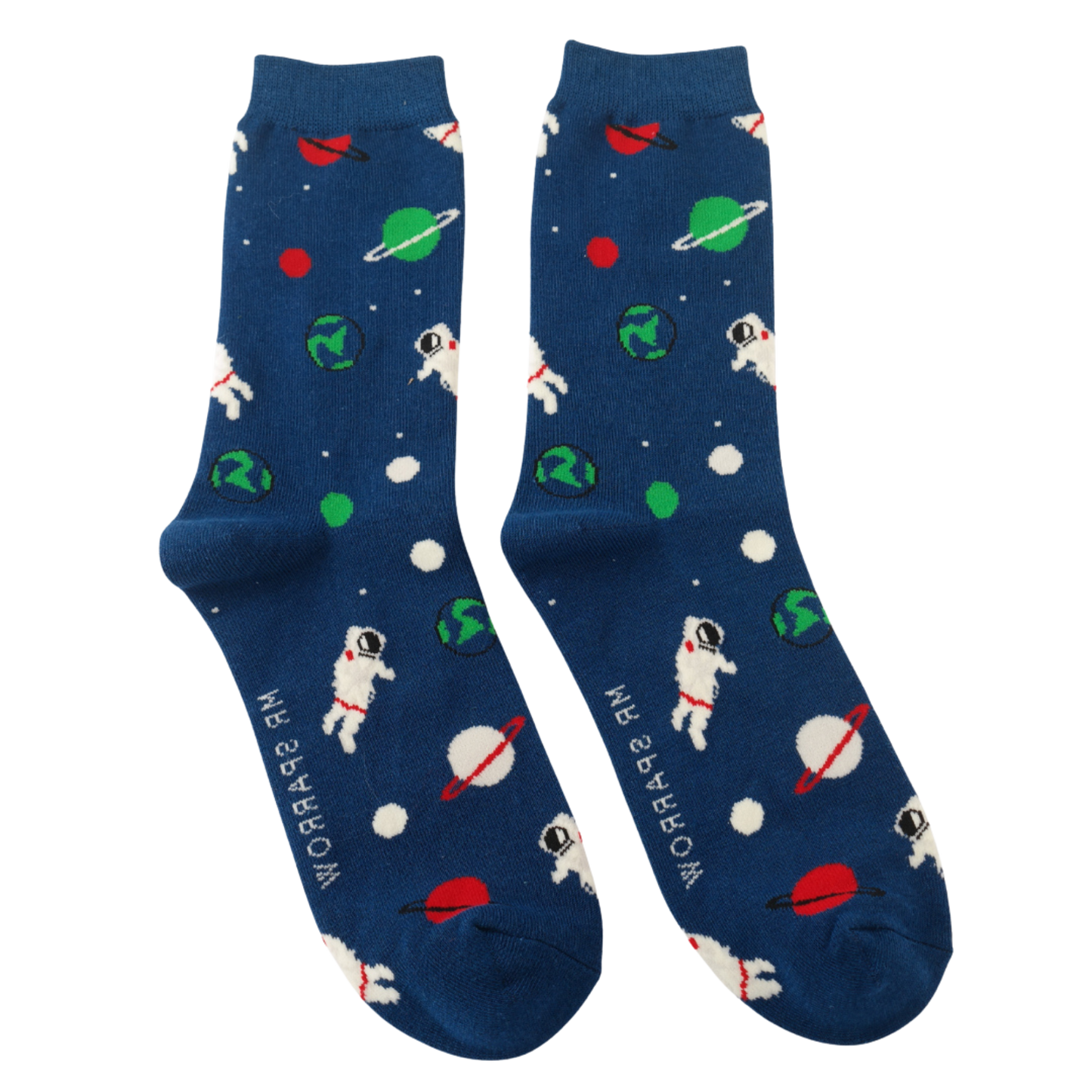Astronaut Space Bamboo Socks - Miss Sparrow. A pair of socks with a space motif. Dark blue legs, toe, heel and cuff.