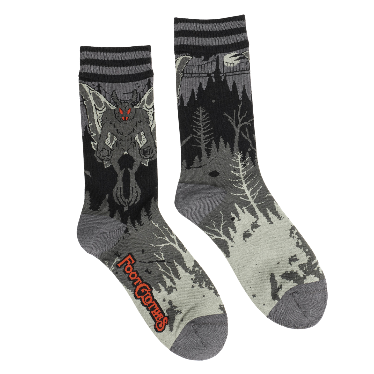 Mothman Crew Socks. A pair of socks featuring Mothman. Grey legs, grey heel, toe and cuff.