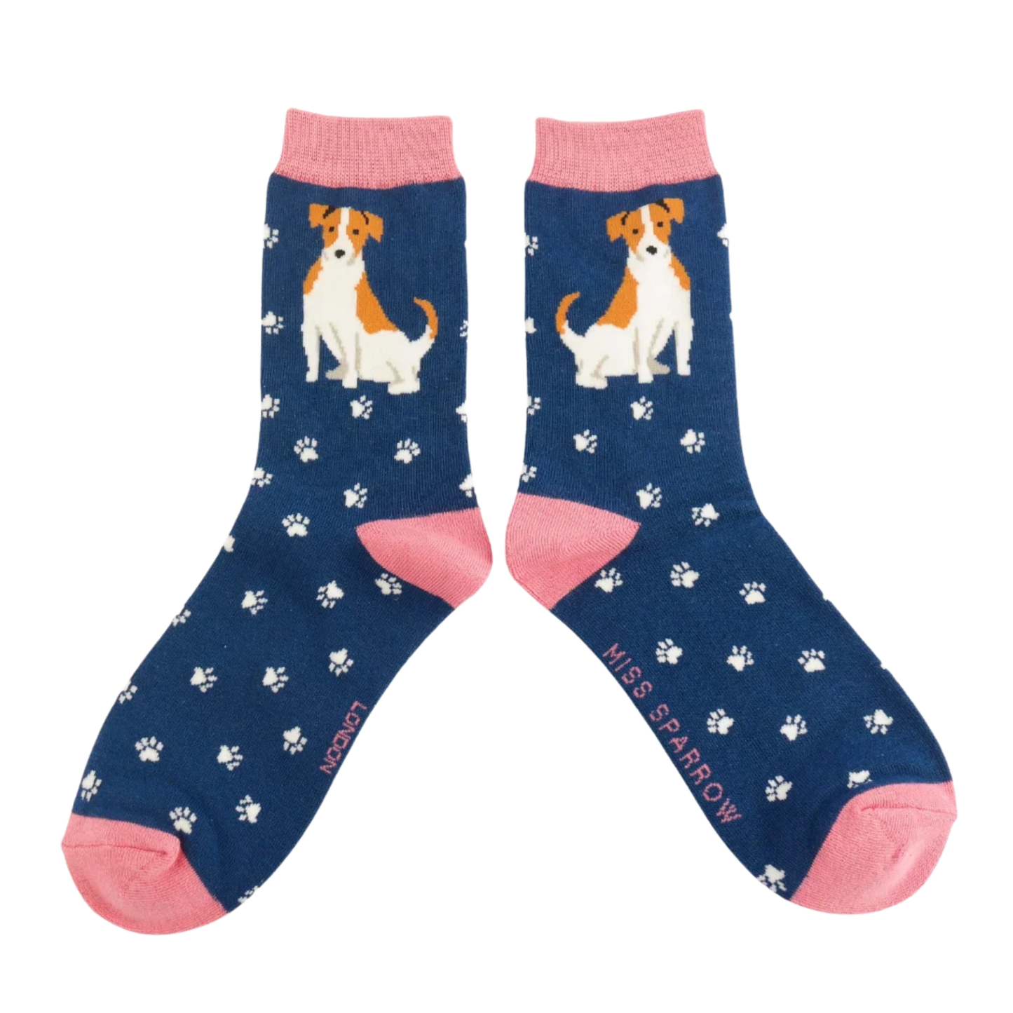 A pair of socks featuring a cute jack russell. Navy legs, pink heel, toe and cuff.