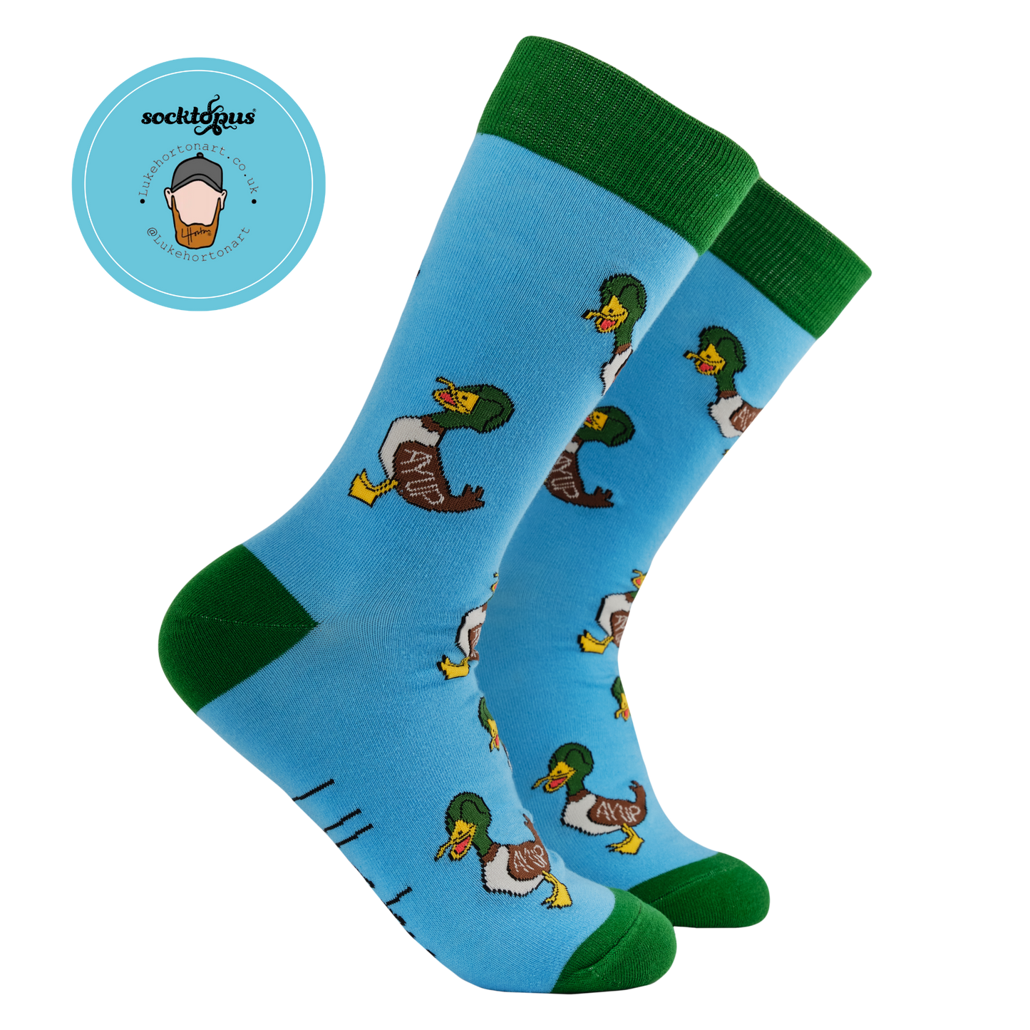 Aye Up Duck Socks - Luke Horton X Socktopus. A pair of socks with a yorkshire motif. Blue legs, green heel, toe and cuff.