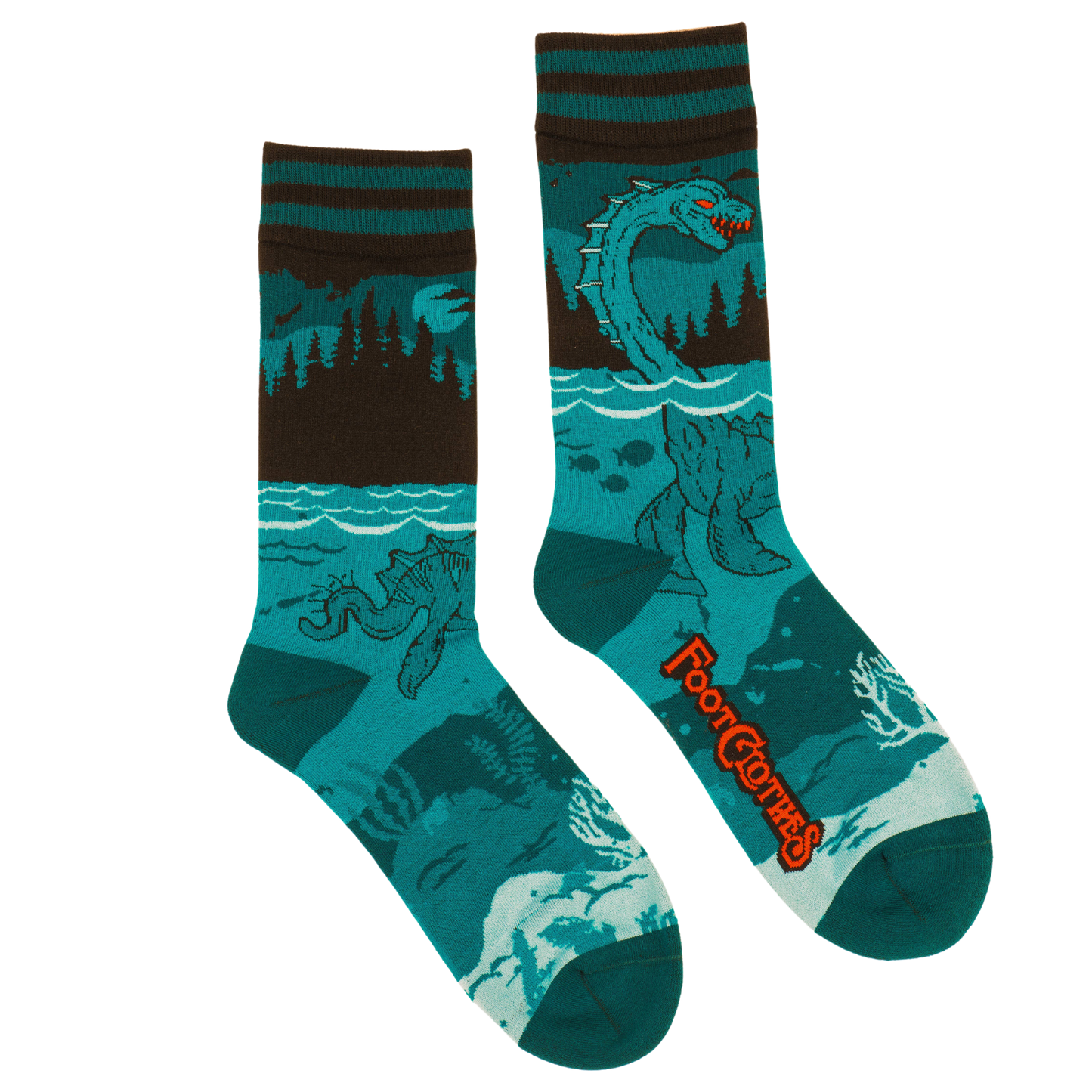 Nessie Socks. A pair of socks featuring the Loch Ness Monster. Blue legs, blue heel, toe and cuff.