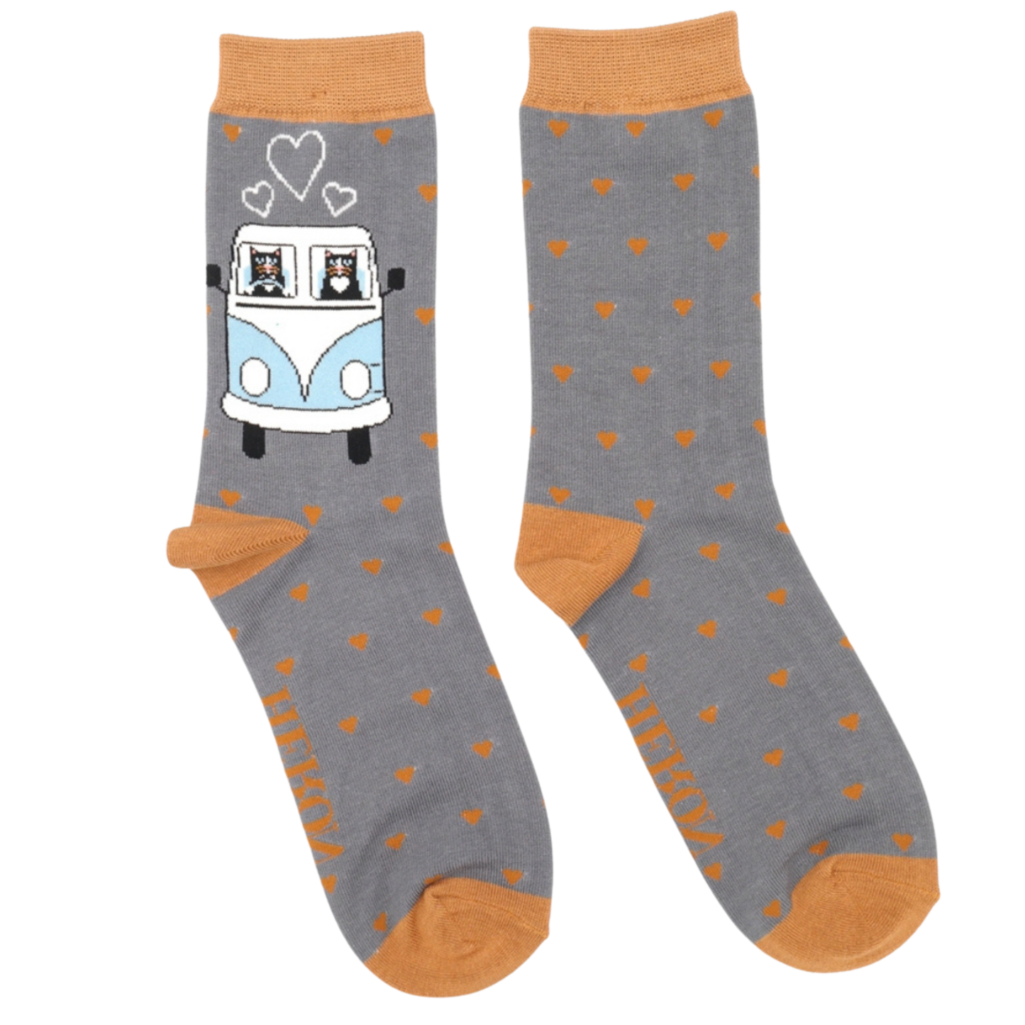 A pair of socks featuring cats in a camper van. Grey legs, orange heel, toe and cuff.