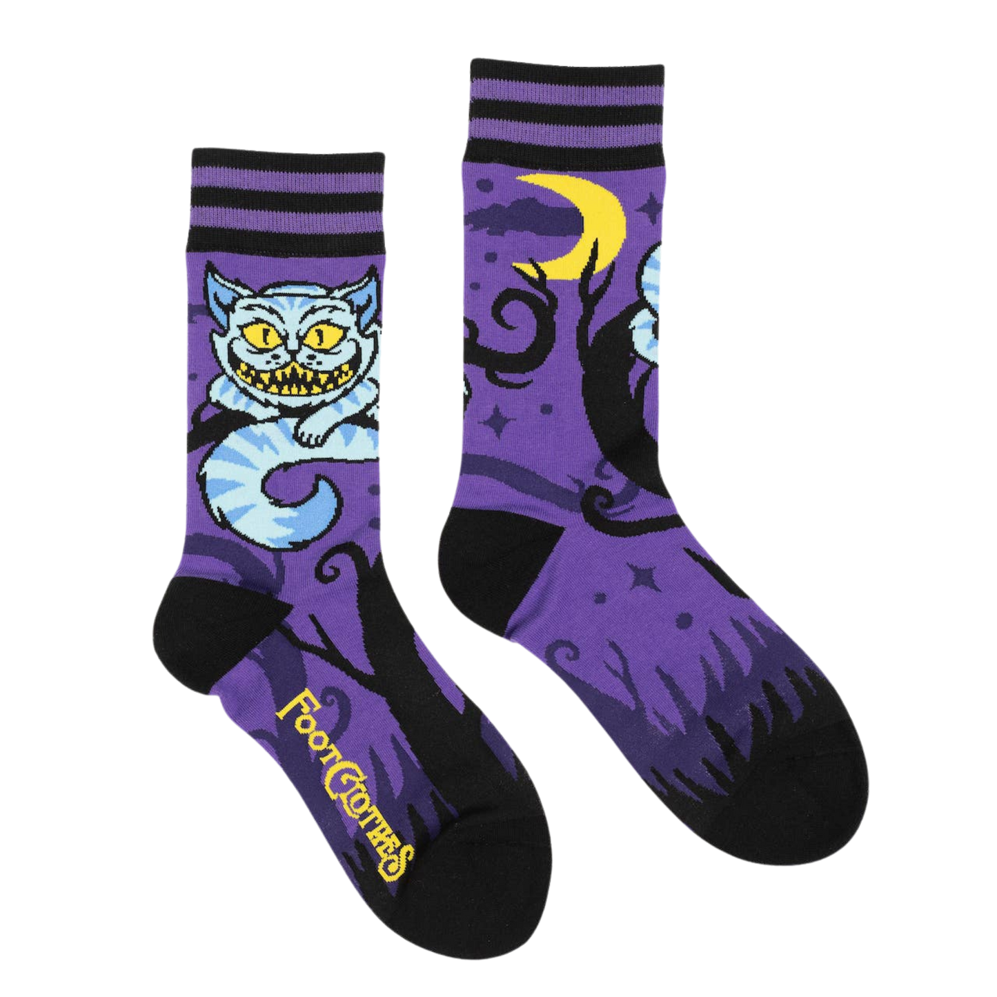 Cheshire Cat Socks. A pair of socks featuring the cheshire cat. Purple legs, black heel, cuff and toe.