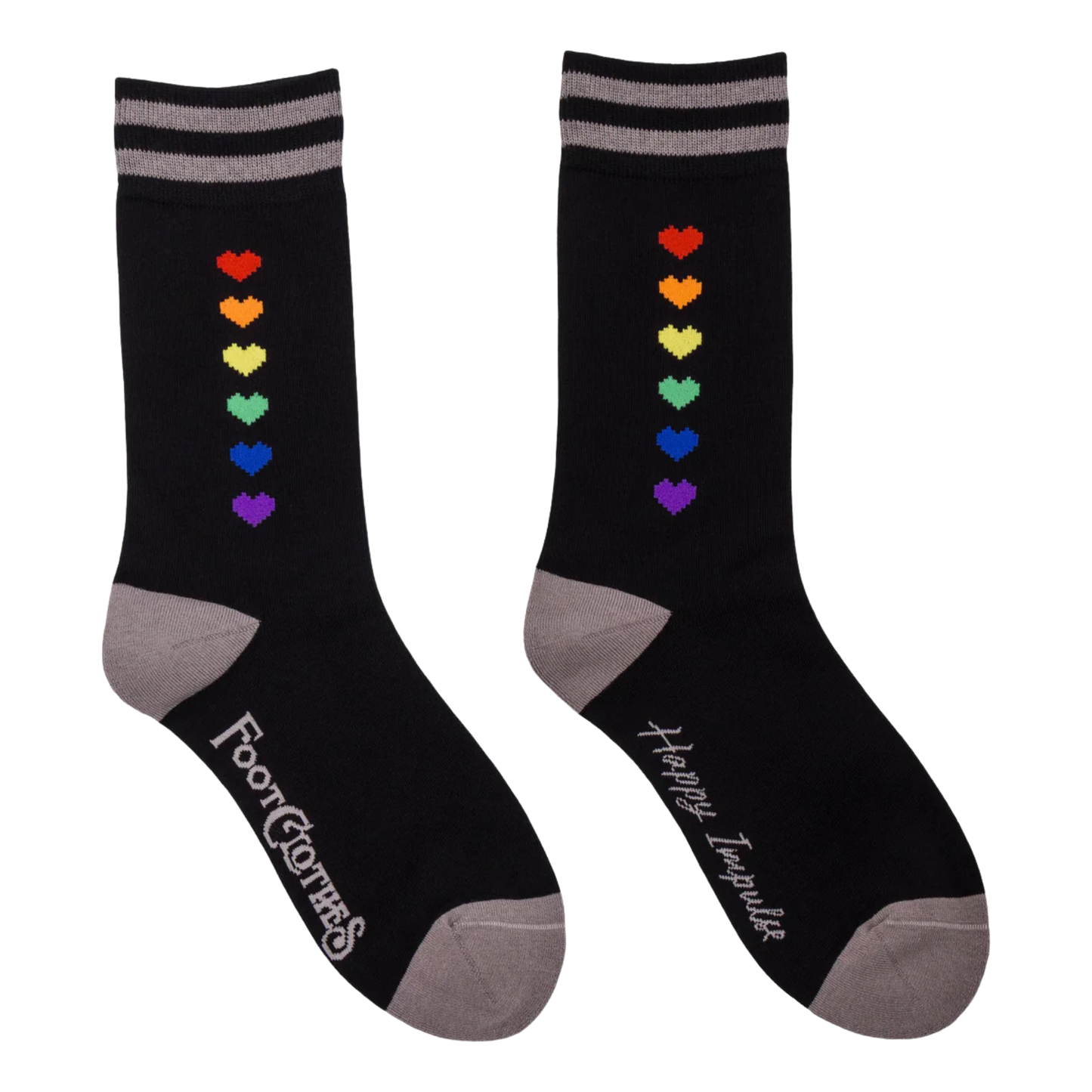 Pride Pixel Hearts Crew Socks. A pair of socks with a pixelated heart motif. Black legs, grey heel, toe and cuff.