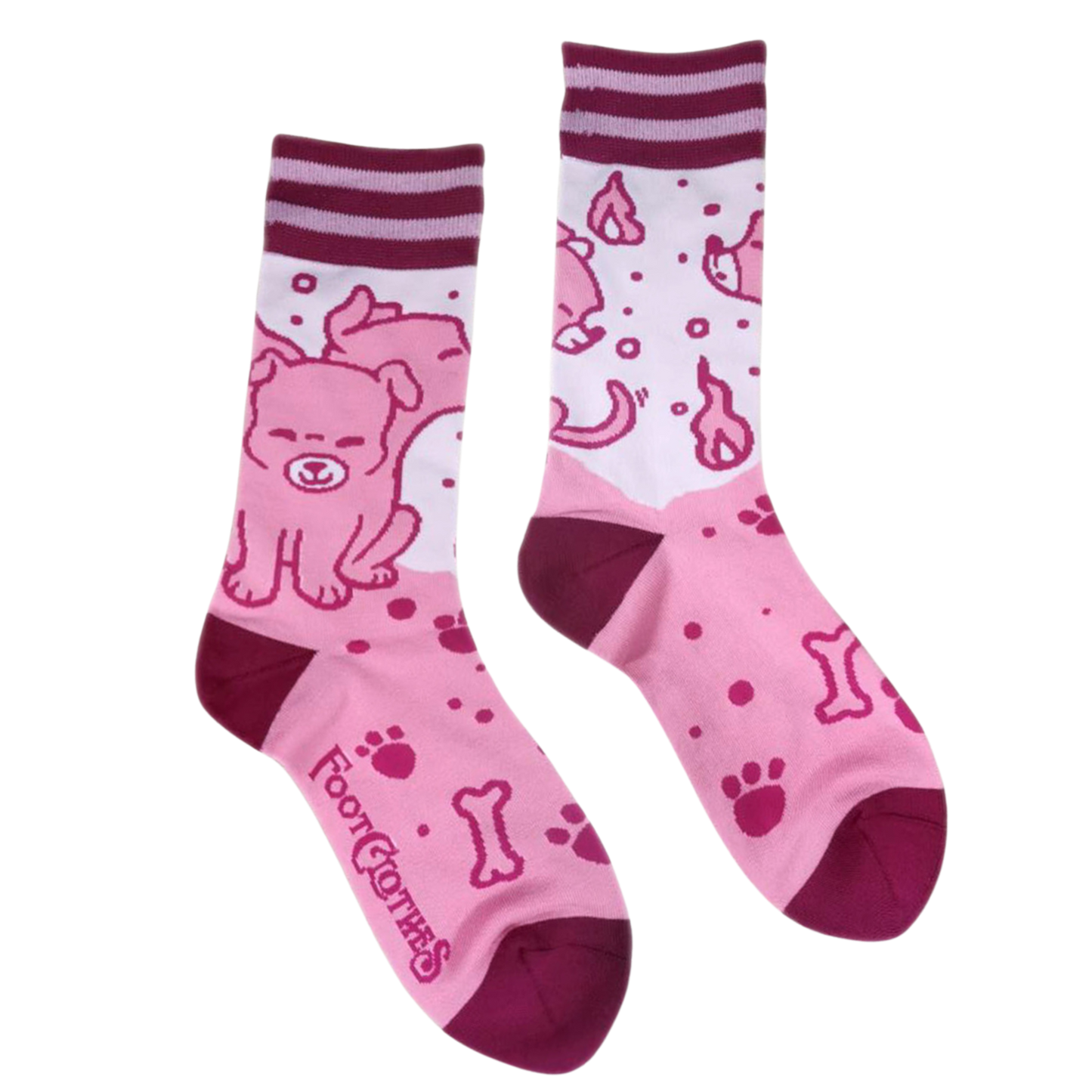Cute Cerberus Socks. A pair of socks featuring a cute 3 headed dog. Pink legs, dark pink heel, toe and cuff.